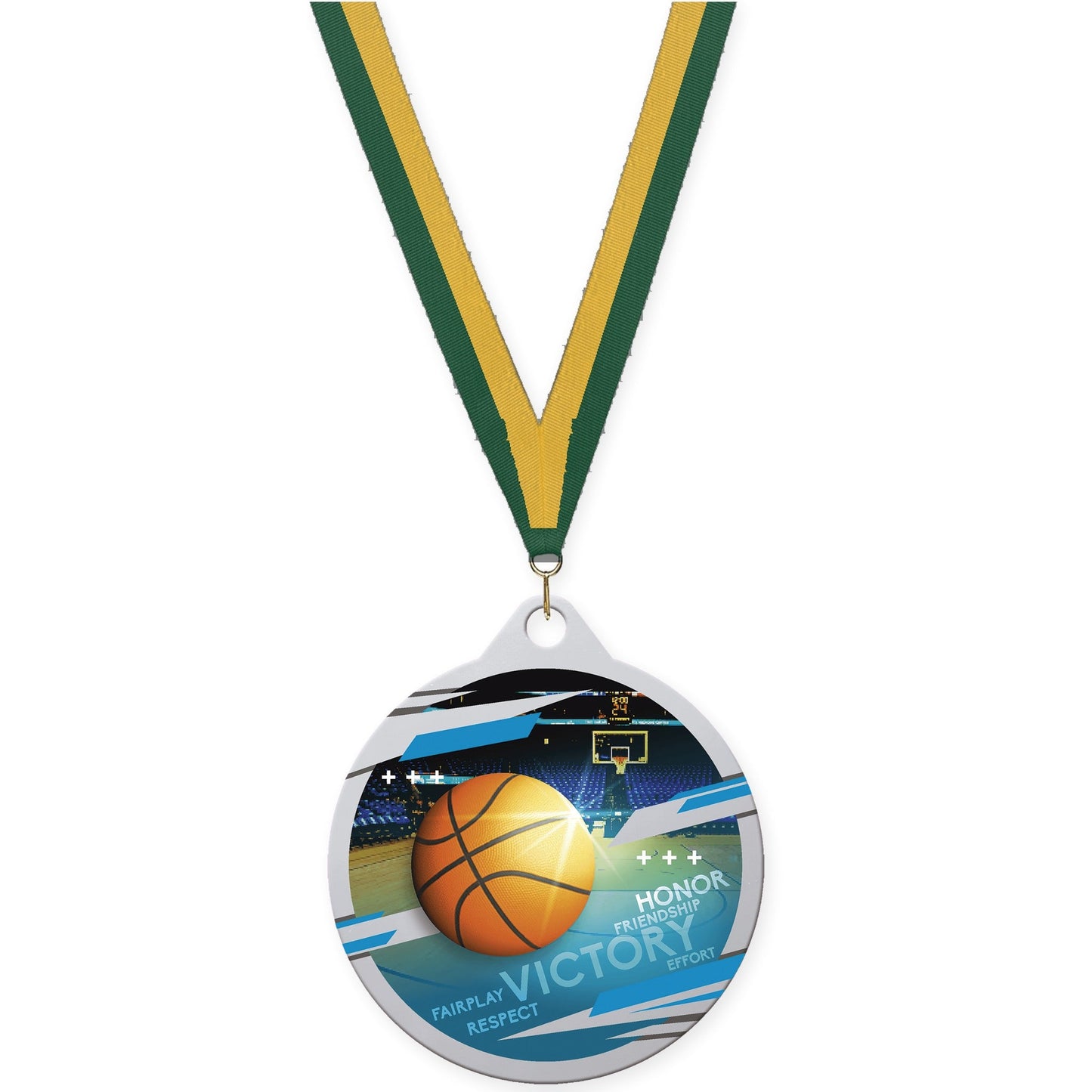 2 inch basketball Inspire medal in silver with Hunter Green Gold neck ribbon