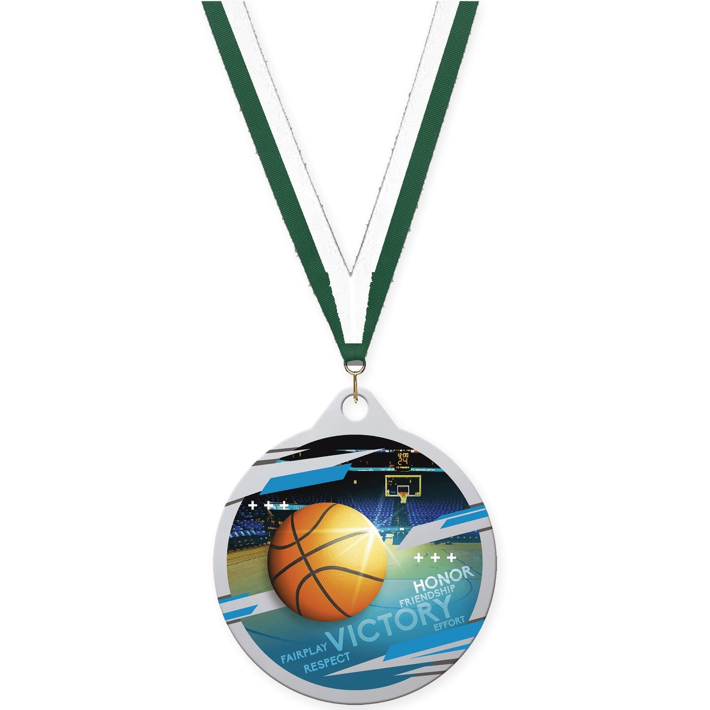 2 inch basketball Inspire medal in silver with Hunter Green White neck ribbon
