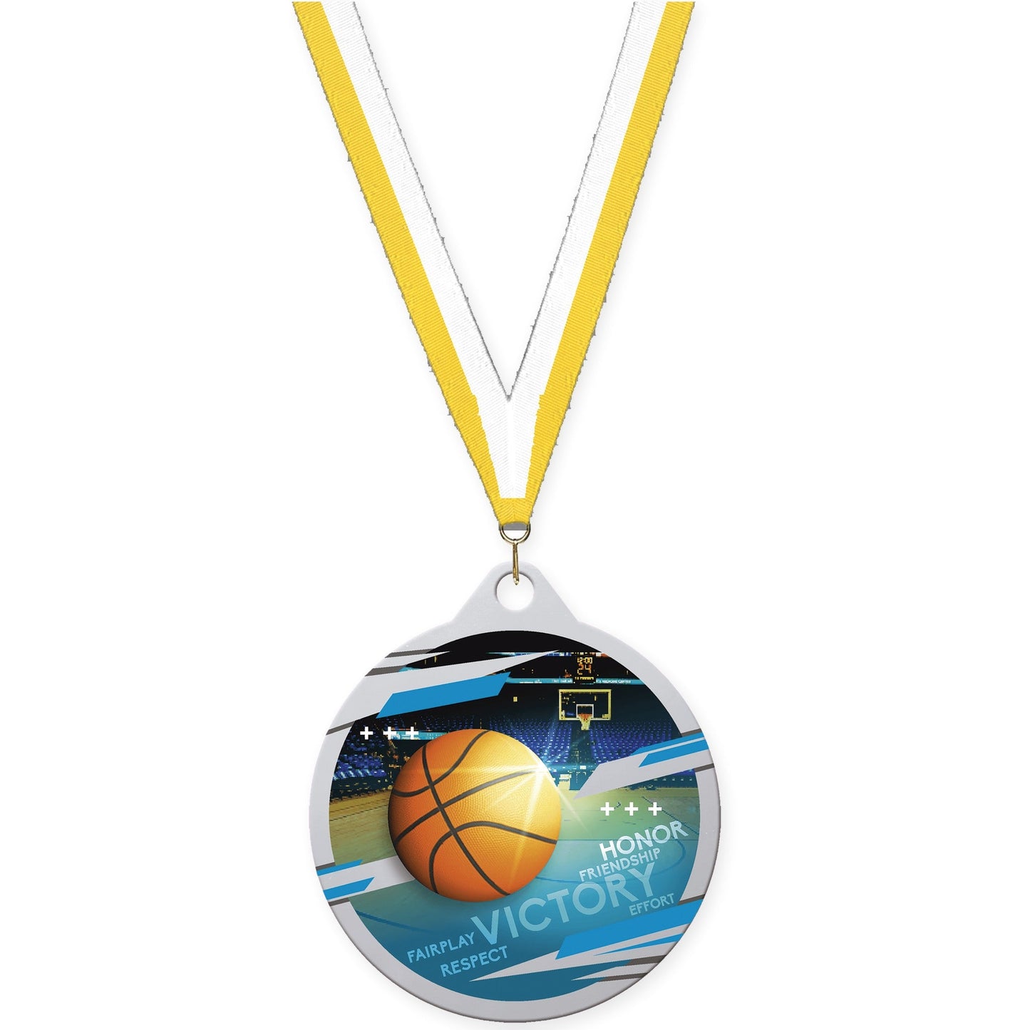2 inch basketball Inspire medal in silver with Yellow White neck ribbon