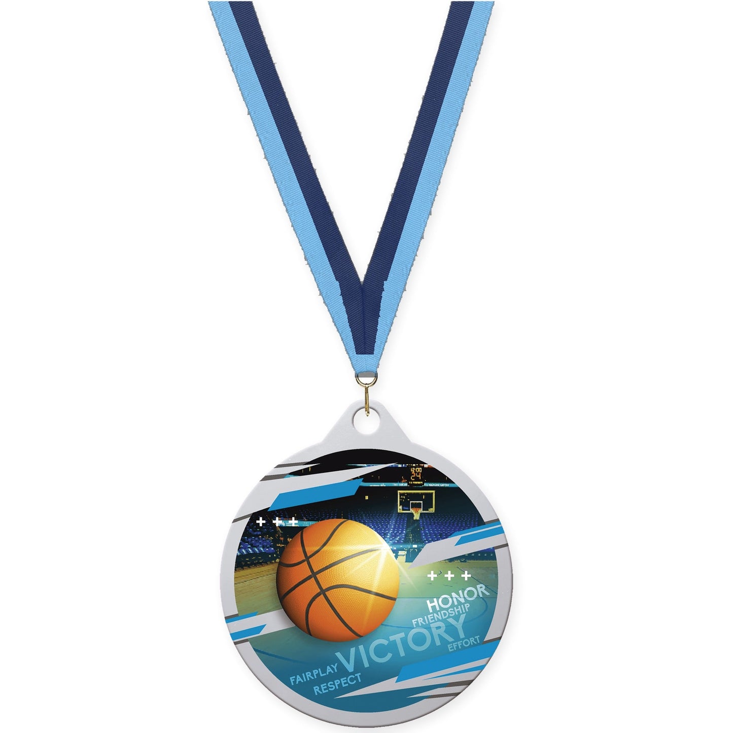 2 inch basketball Inspire medal in silver with Light Blue Navy neck ribbon