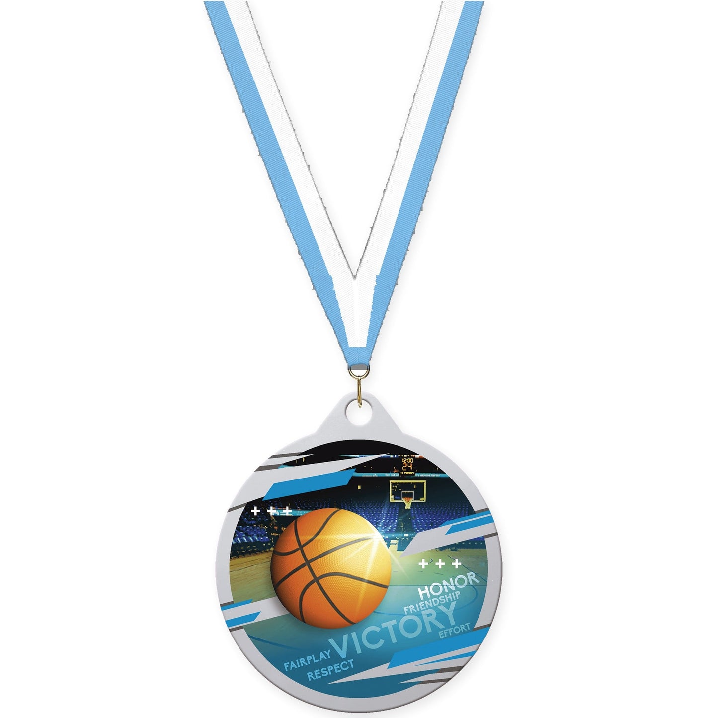 2 inch basketball Inspire medal in silver with Light Blue White neck ribbon