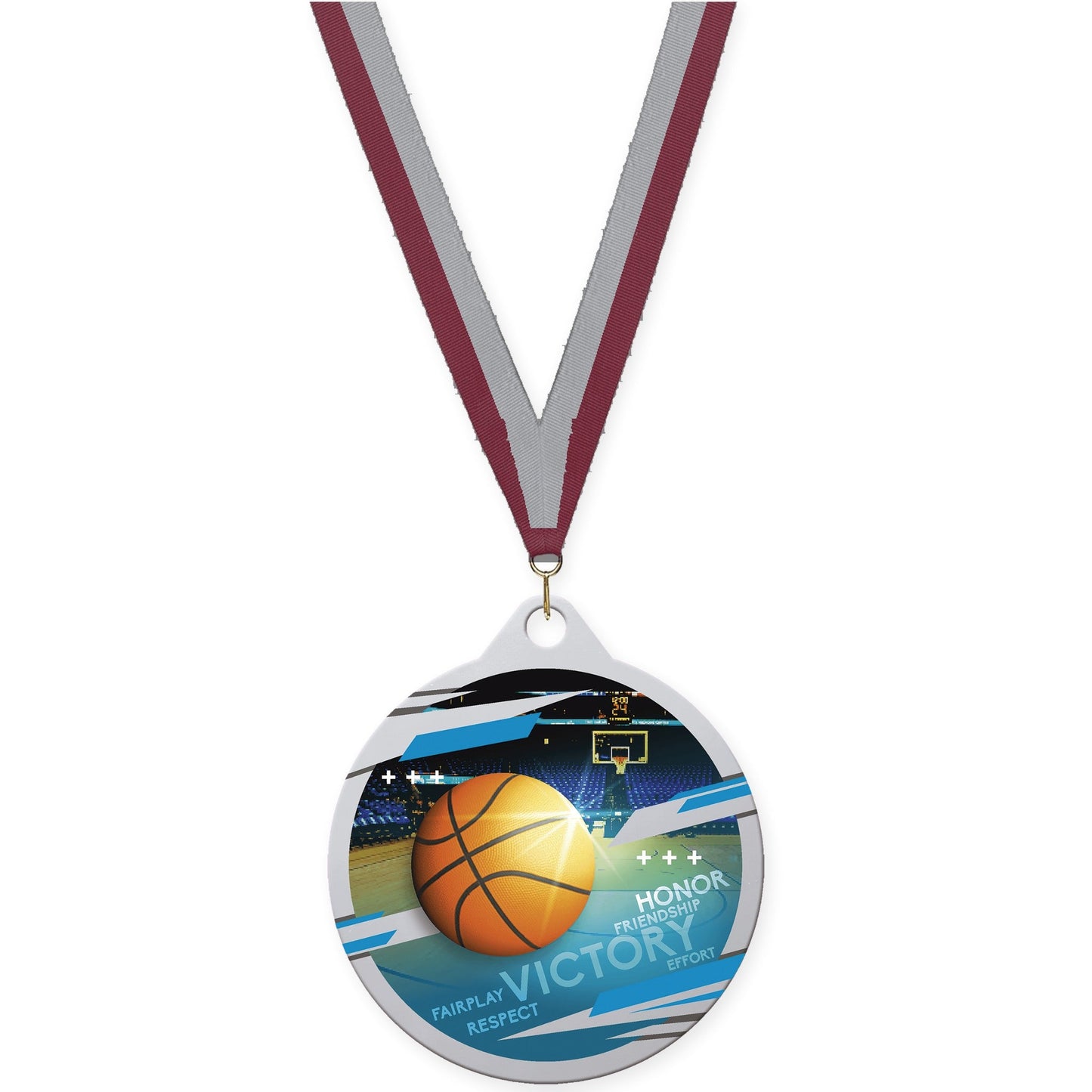 2 inch basketball Inspire medal in silver with Maroon Gray neck ribbon