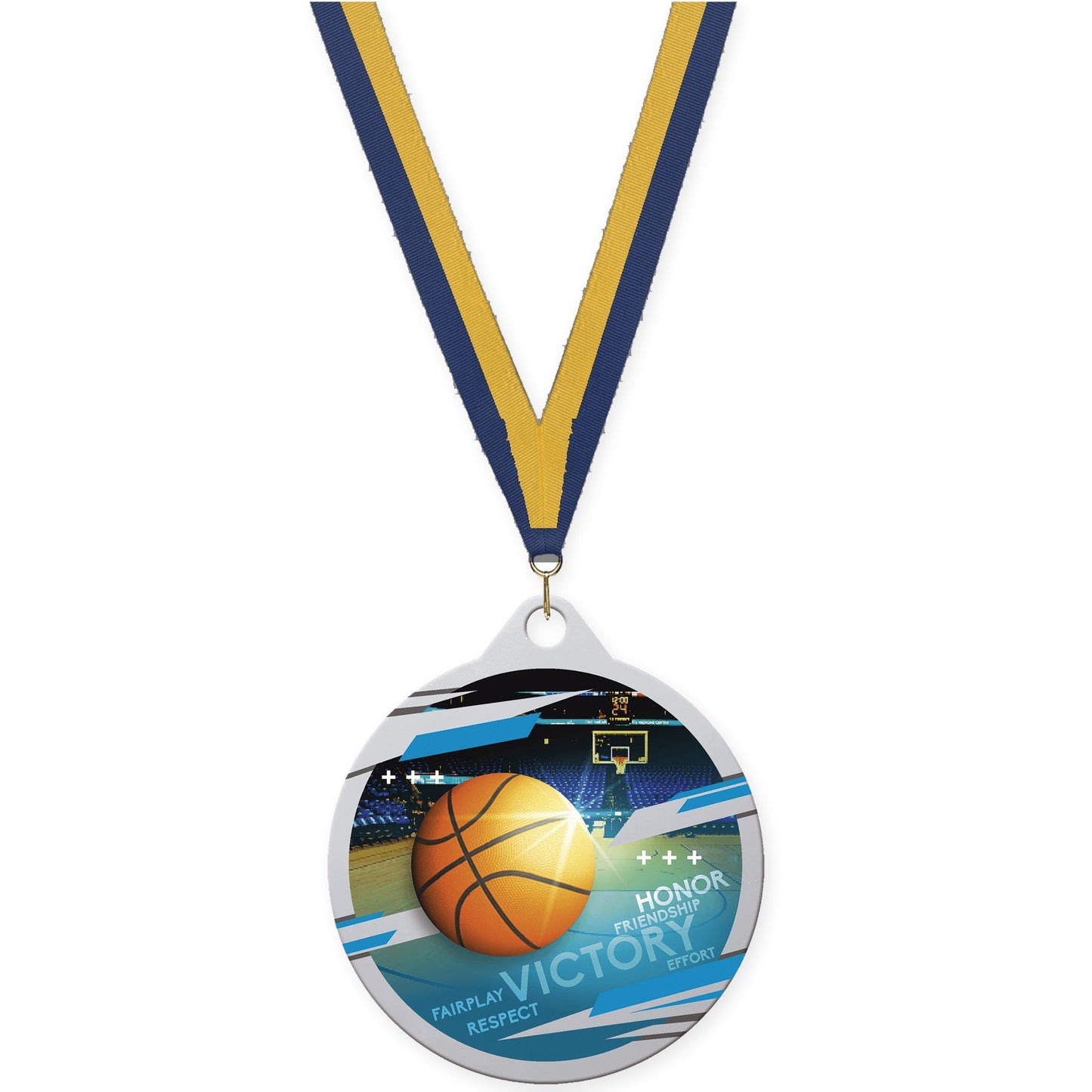 2 inch basketball Inspire medal in silver with Navy Gold neck ribbon