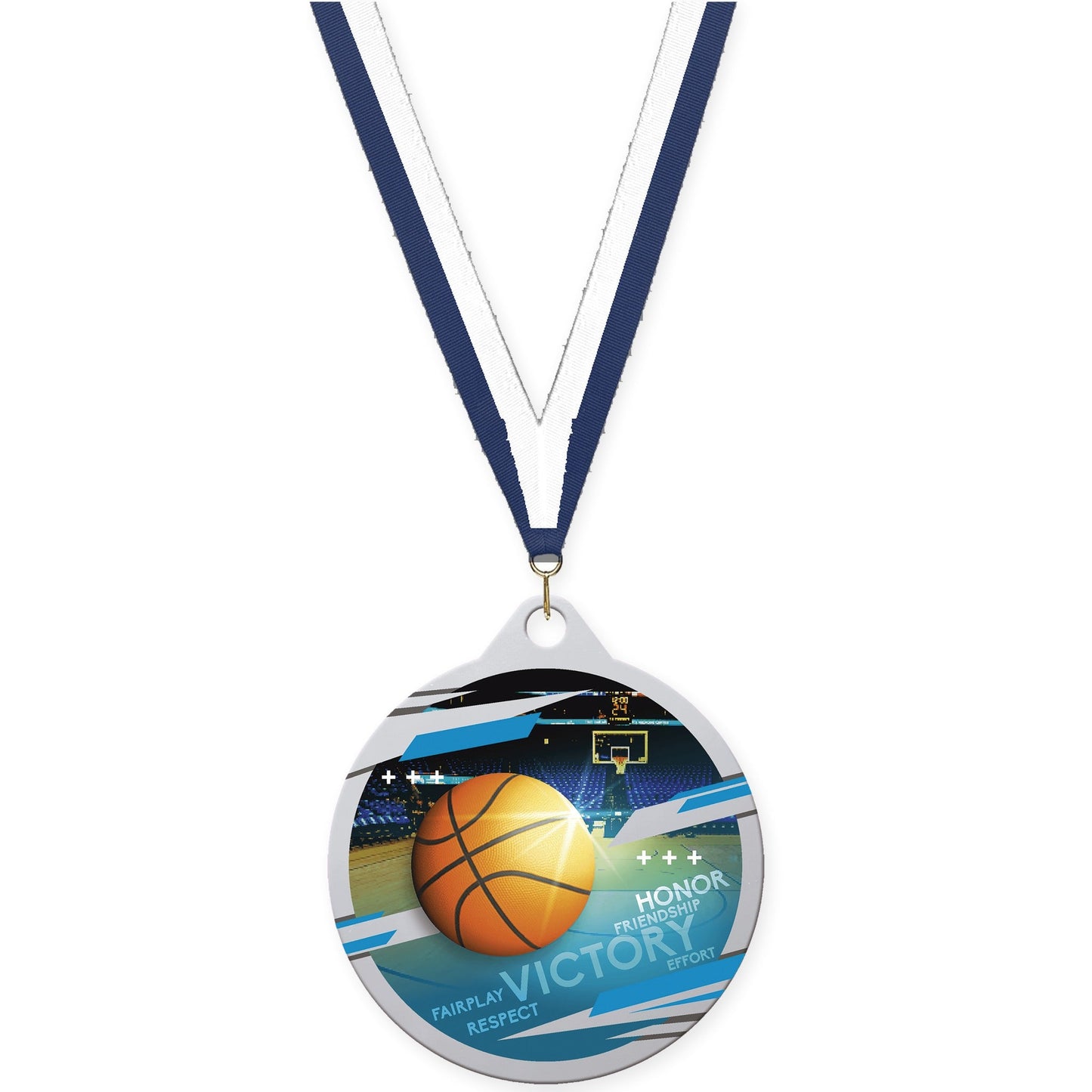 2 inch basketball Inspire medal in silver with Navy White neck ribbon