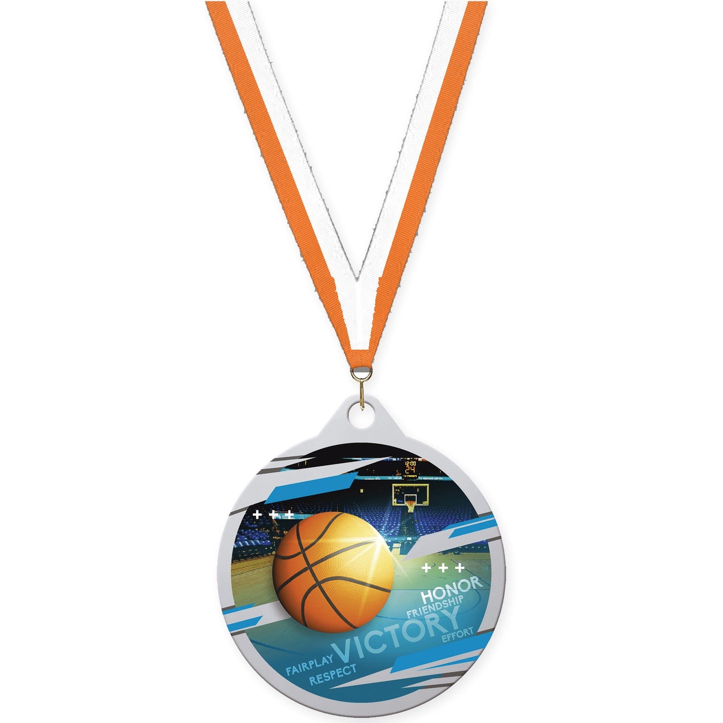 2 inch basketball Inspire medal in silver with Orange White neck ribbon