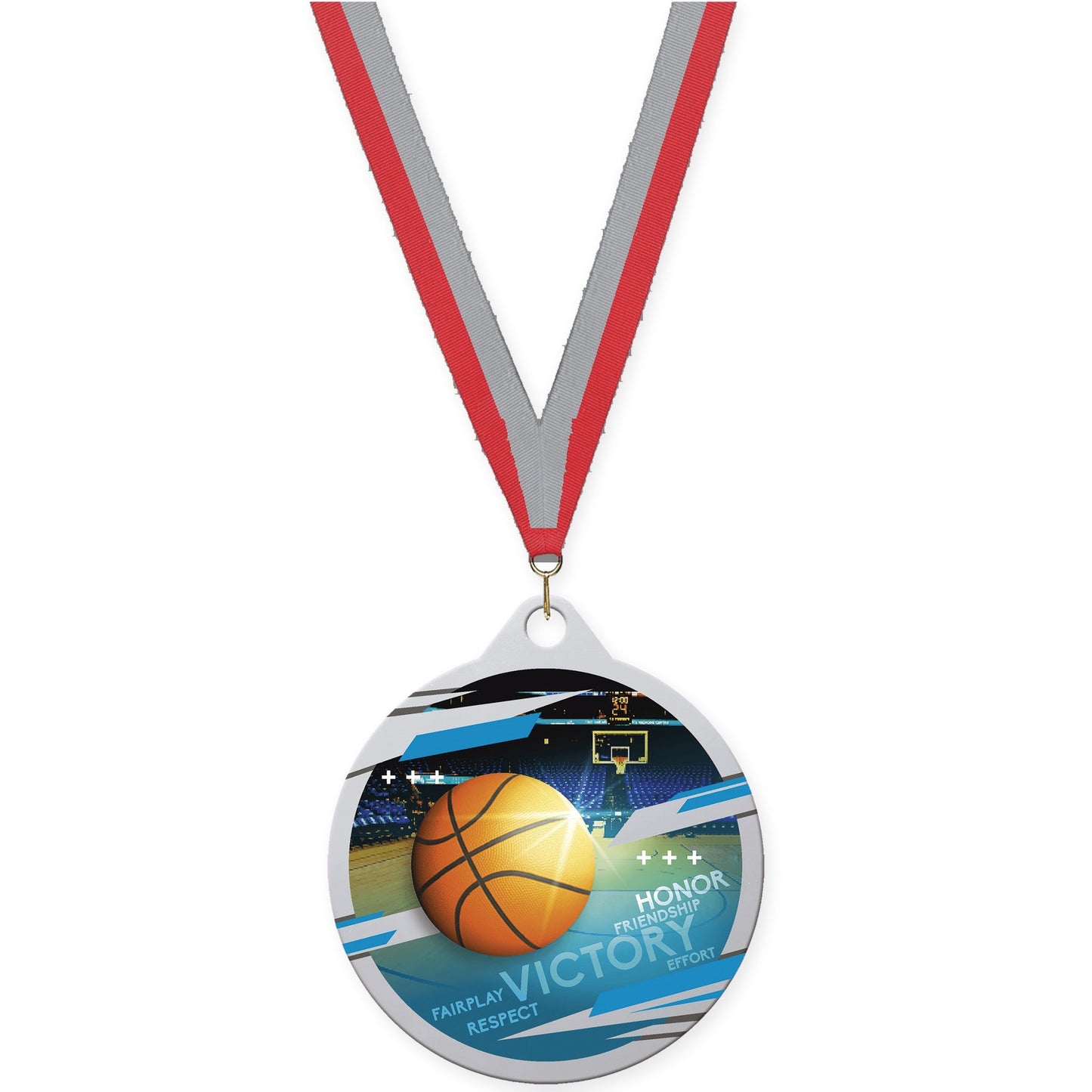 2 inch basketball Inspire medal in silver with Red Gray neck ribbon