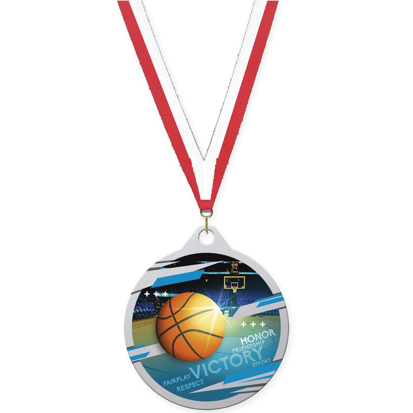 2 inch basketball Inspire medal in silver with Red White neck ribbon