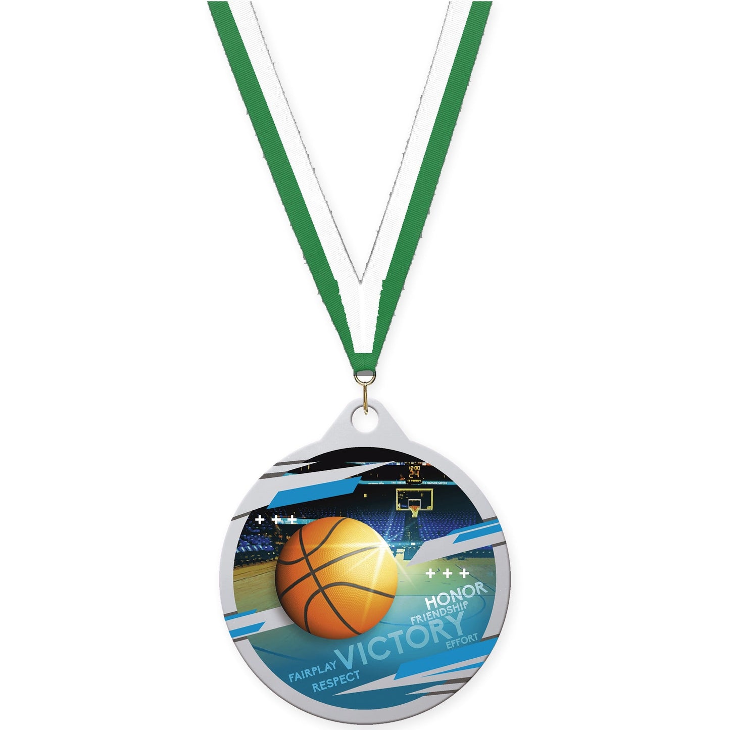 2 inch basketball Inspire medal in silver with Green White neck ribbon