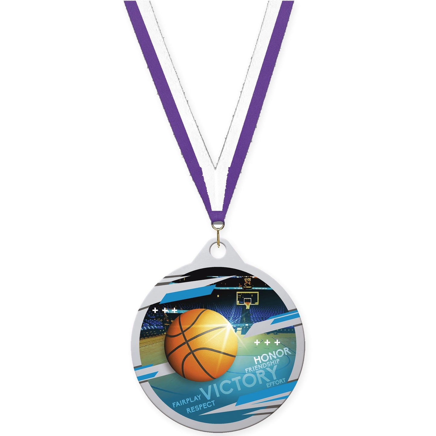 2 inch basketball Inspire medal in silver with Purple White neck ribbon