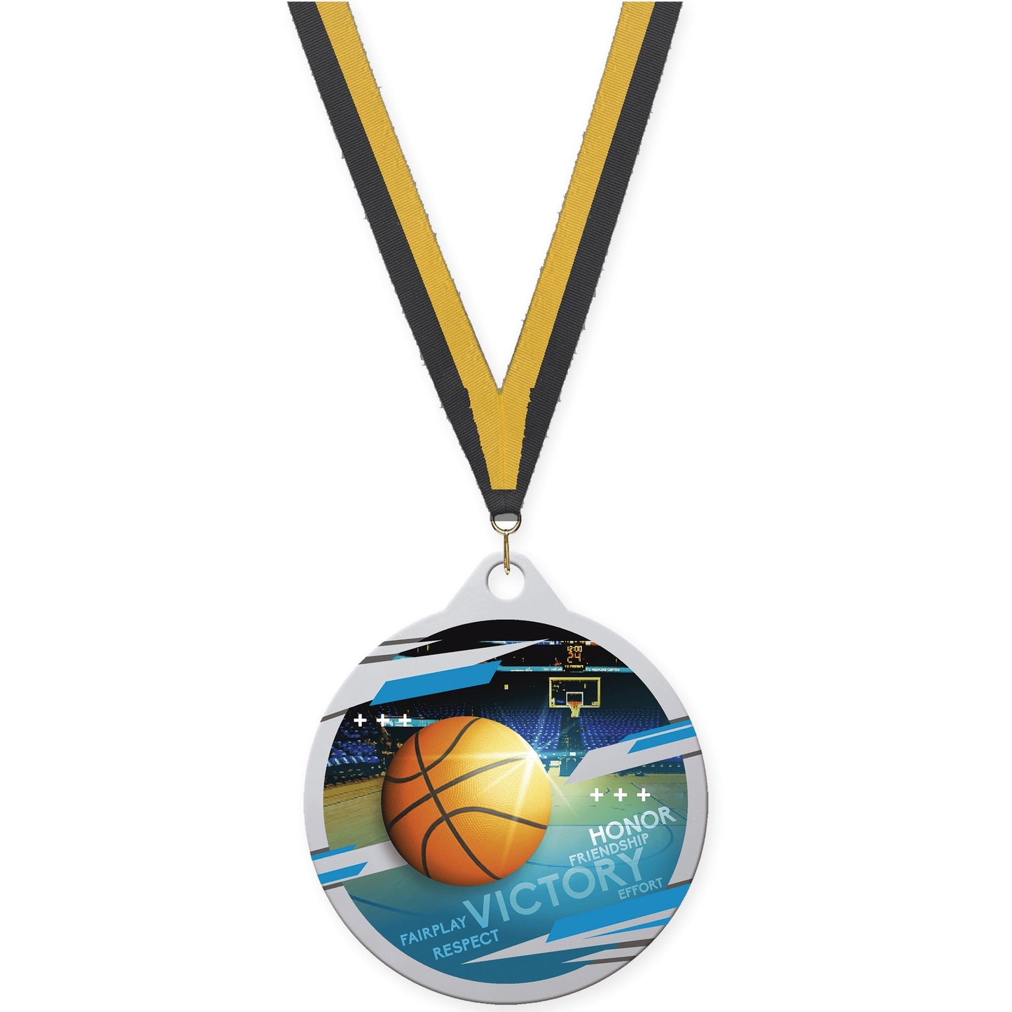 2 inch basketball Inspire medal in silver with Black Gold neck ribbon