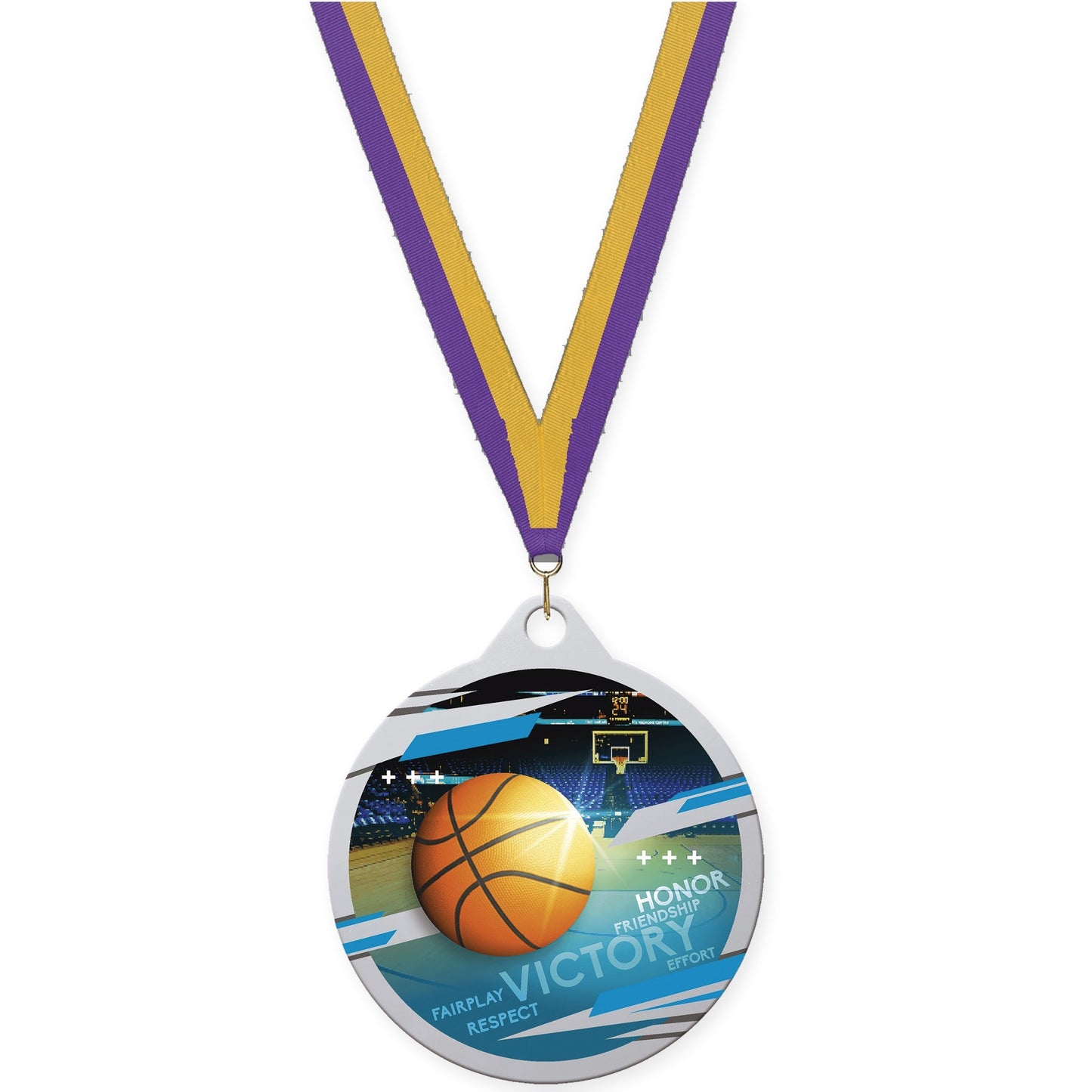 2 inch basketball Inspire medal in silver with Purple Gold neck ribbon