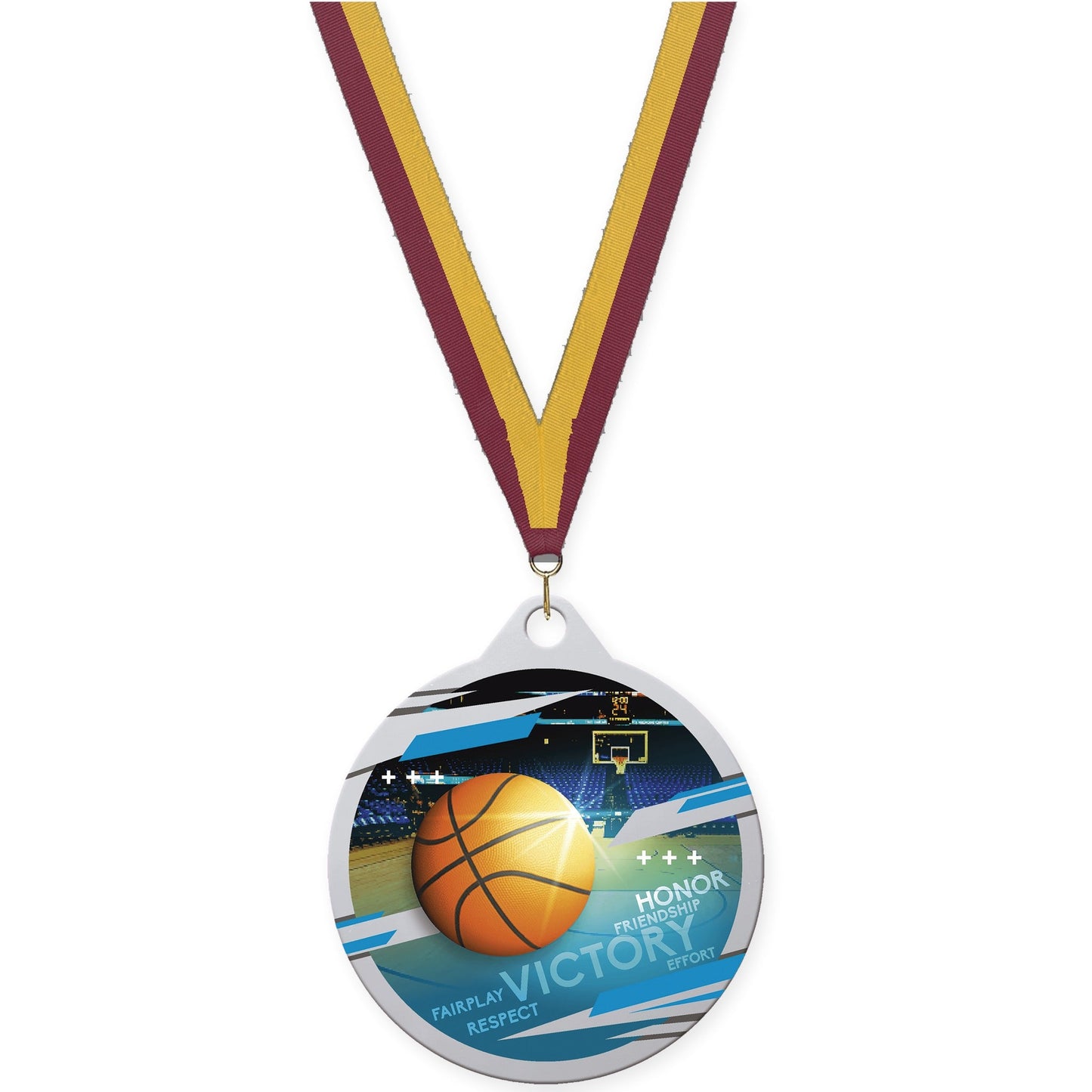 2 inch basketball Inspire medal in silver with Maroon Gold neck ribbon
