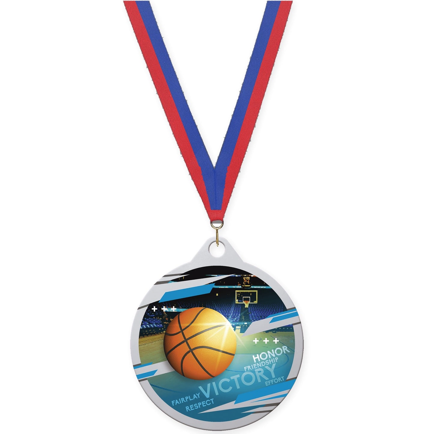 2 inch basketball Inspire medal in silver with Blue Red neck ribbon
