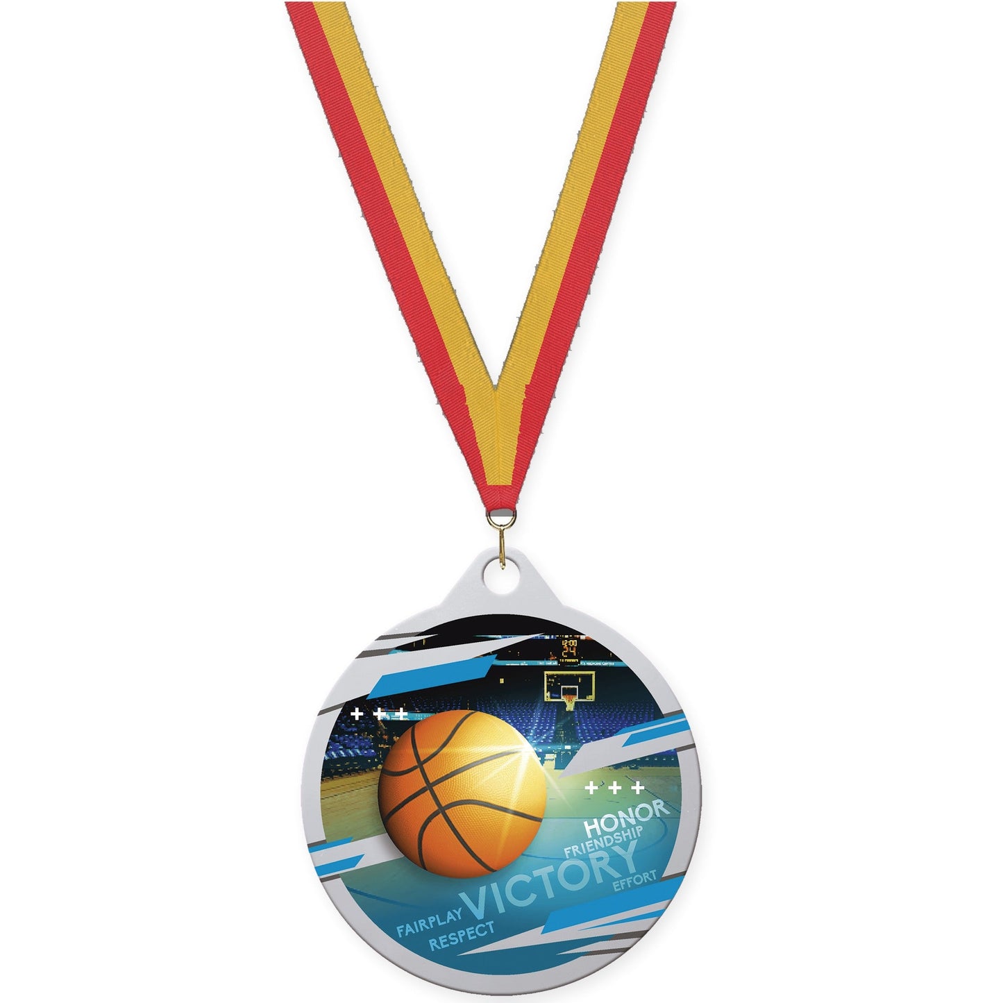 2 inch basketball Inspire medal in silver with Red Gold neck ribbon