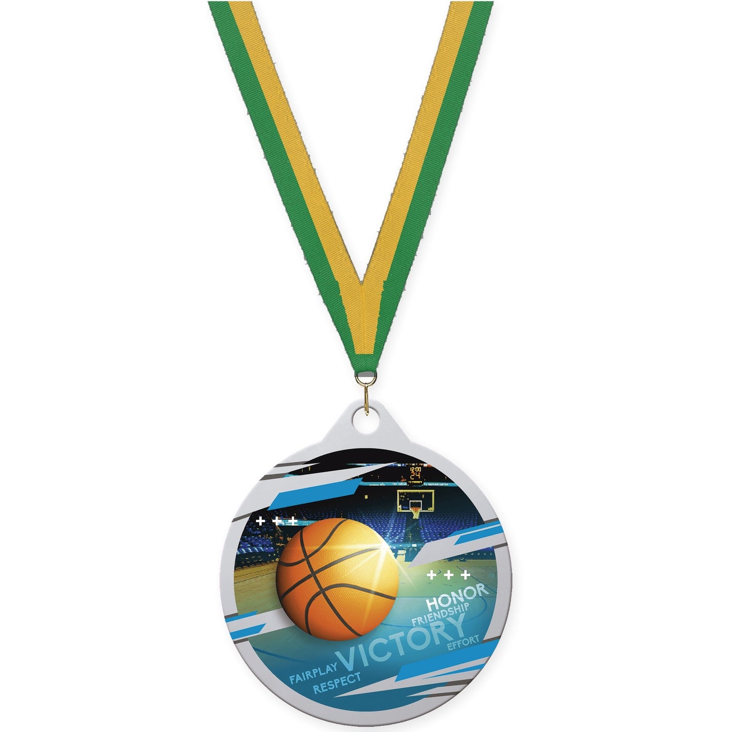 2 inch basketball Inspire medal in silver with Green Gold neck ribbon