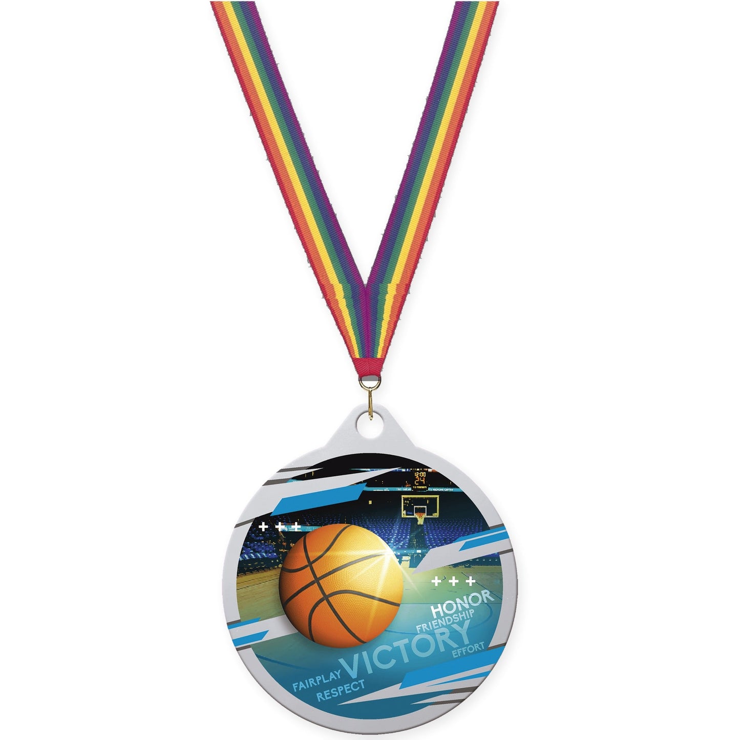 2 inch basketball Inspire medal in silver with Rainbow neck ribbon