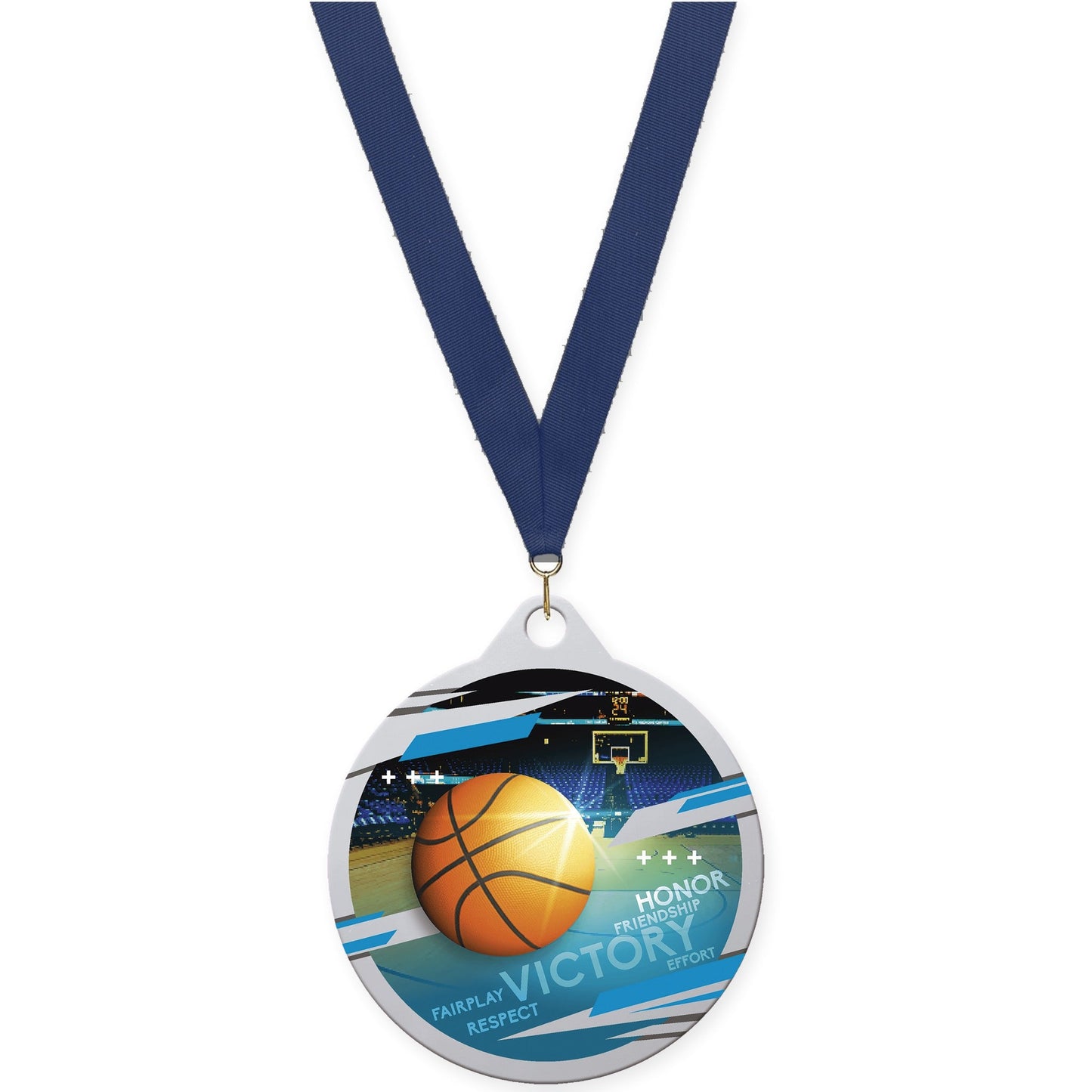 2 inch basketball Inspire medal in silver with Navy neck ribbon