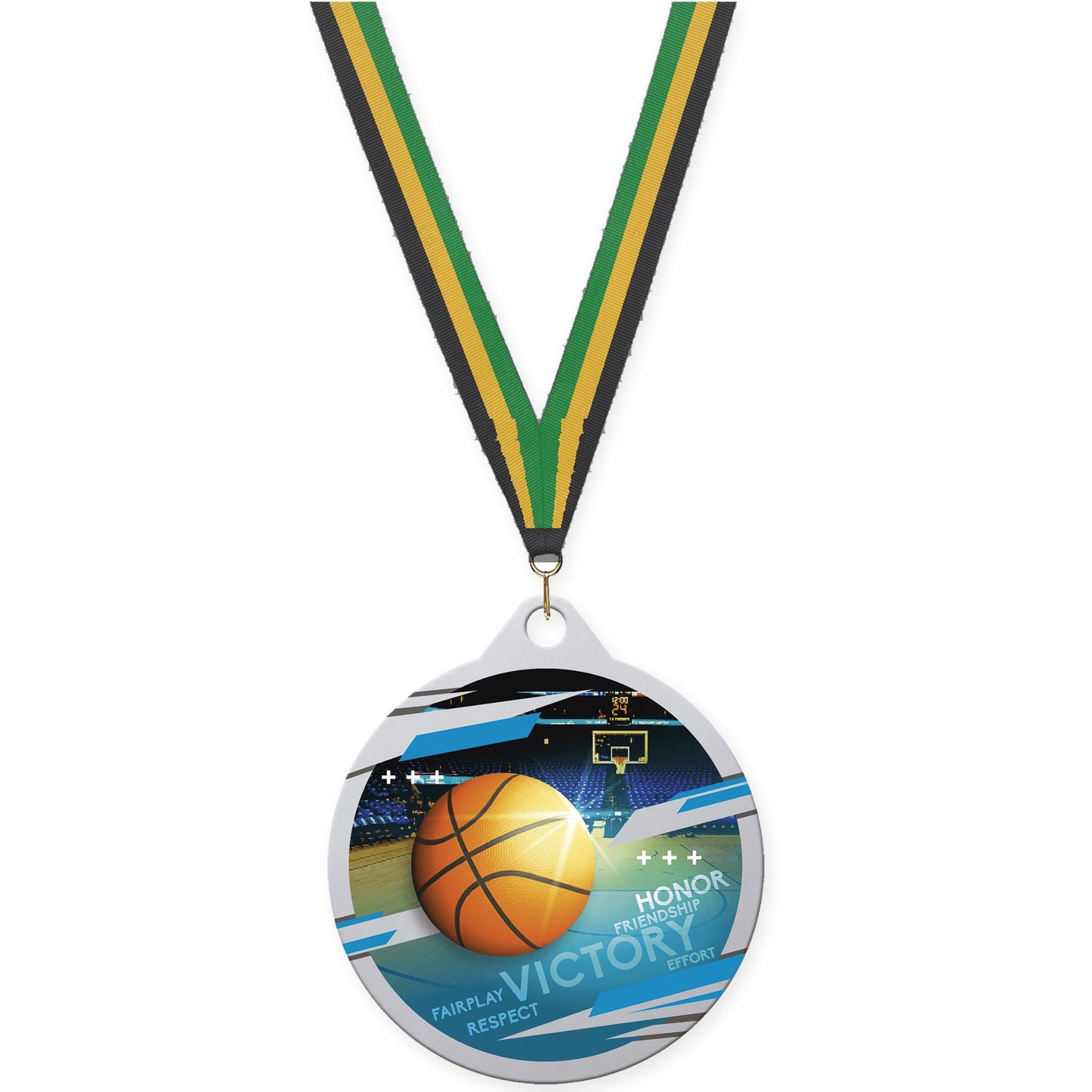 2 inch basketball Inspire medal in silver with Black Gold Green neck ribbon