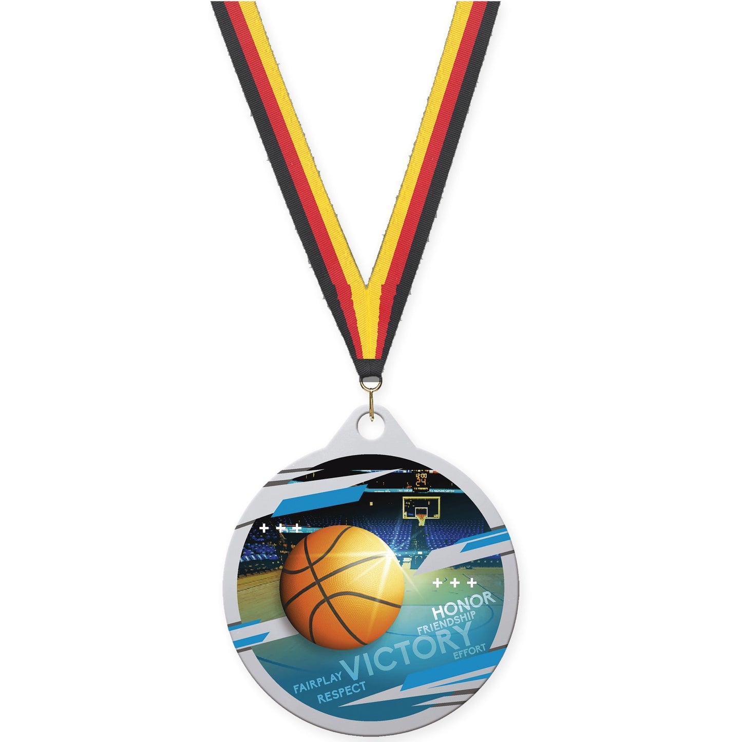 2 inch basketball Inspire medal in silver with Black Red Yellow neck ribbon