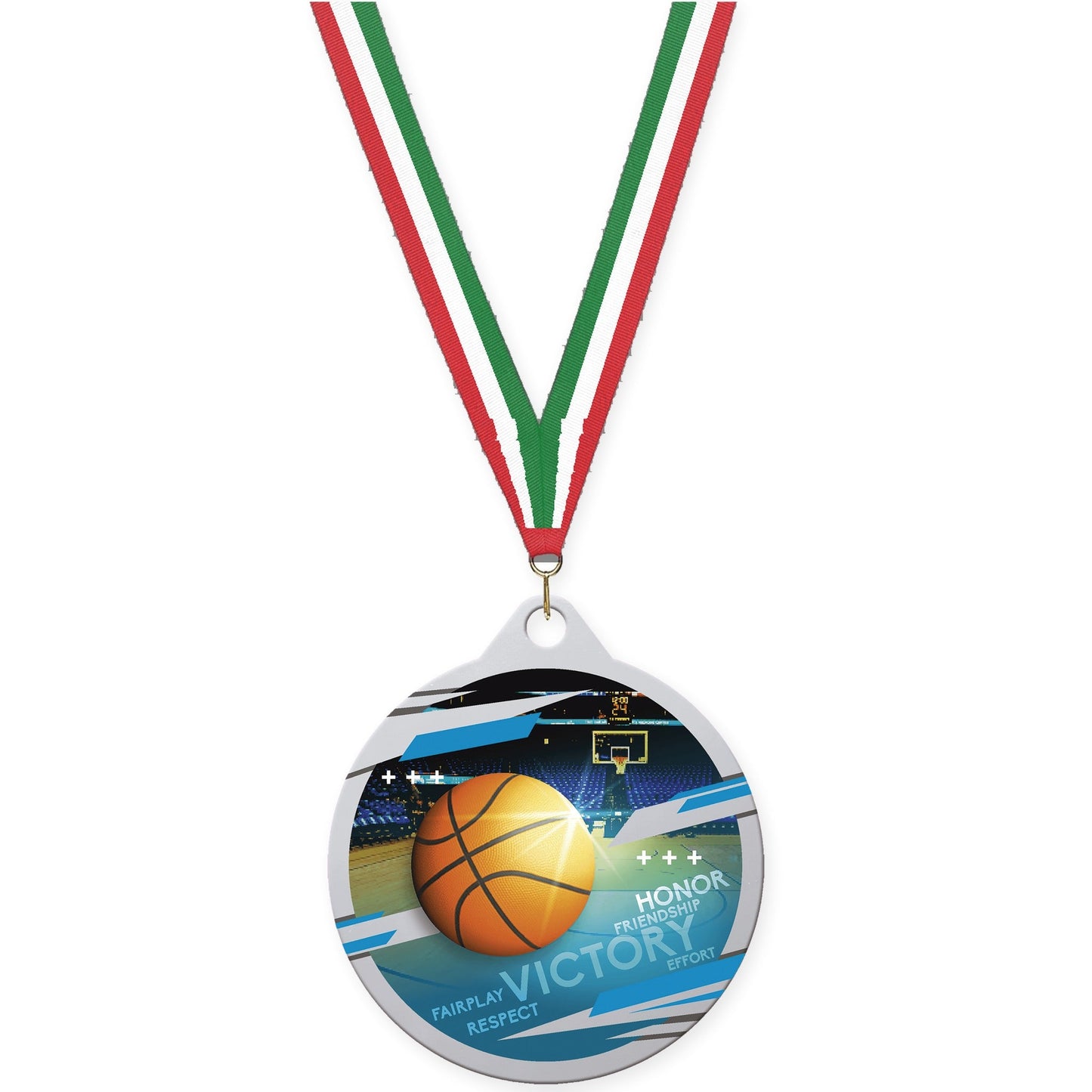 2 inch basketball Inspire medal in silver with Red White Green neck ribbon