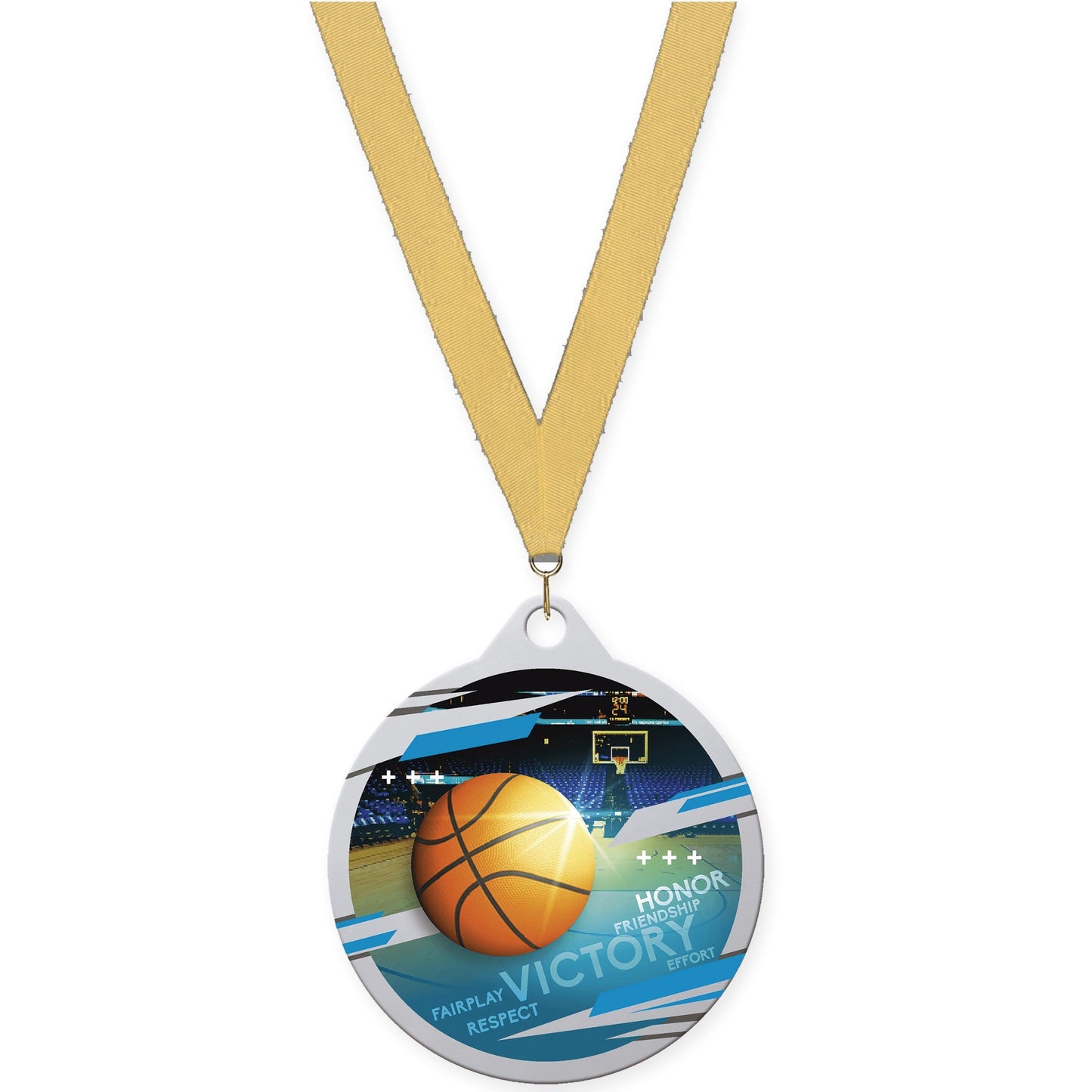 2 inch basketball Inspire medal in silver with Gold Metallic neck ribbon