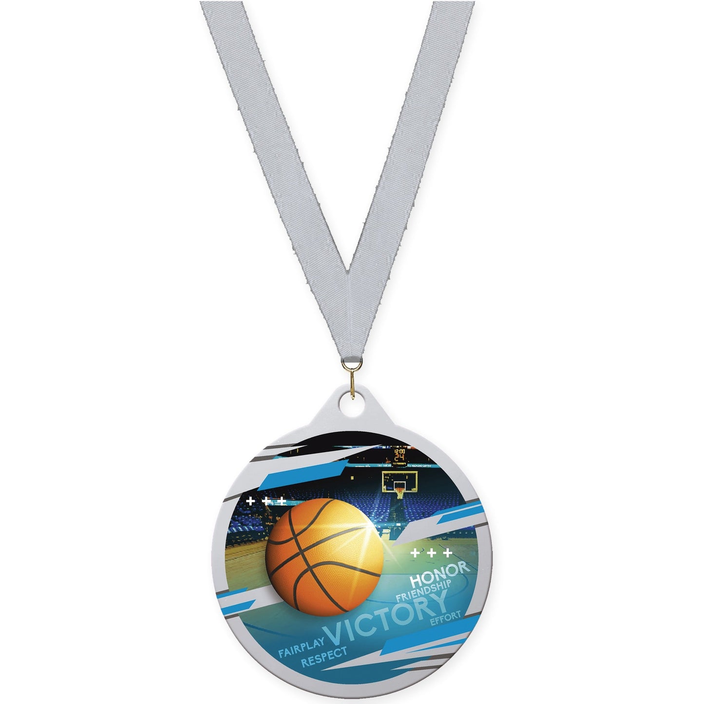 2 inch basketball Inspire medal in silver with Silver Metallic neck ribbon