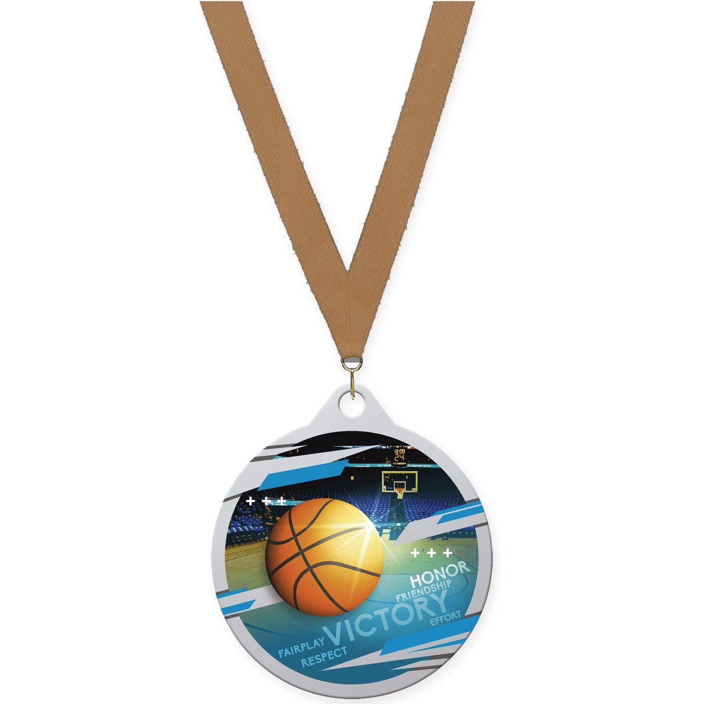 2 inch basketball Inspire medal in silver with Bronze Metallic neck ribbon