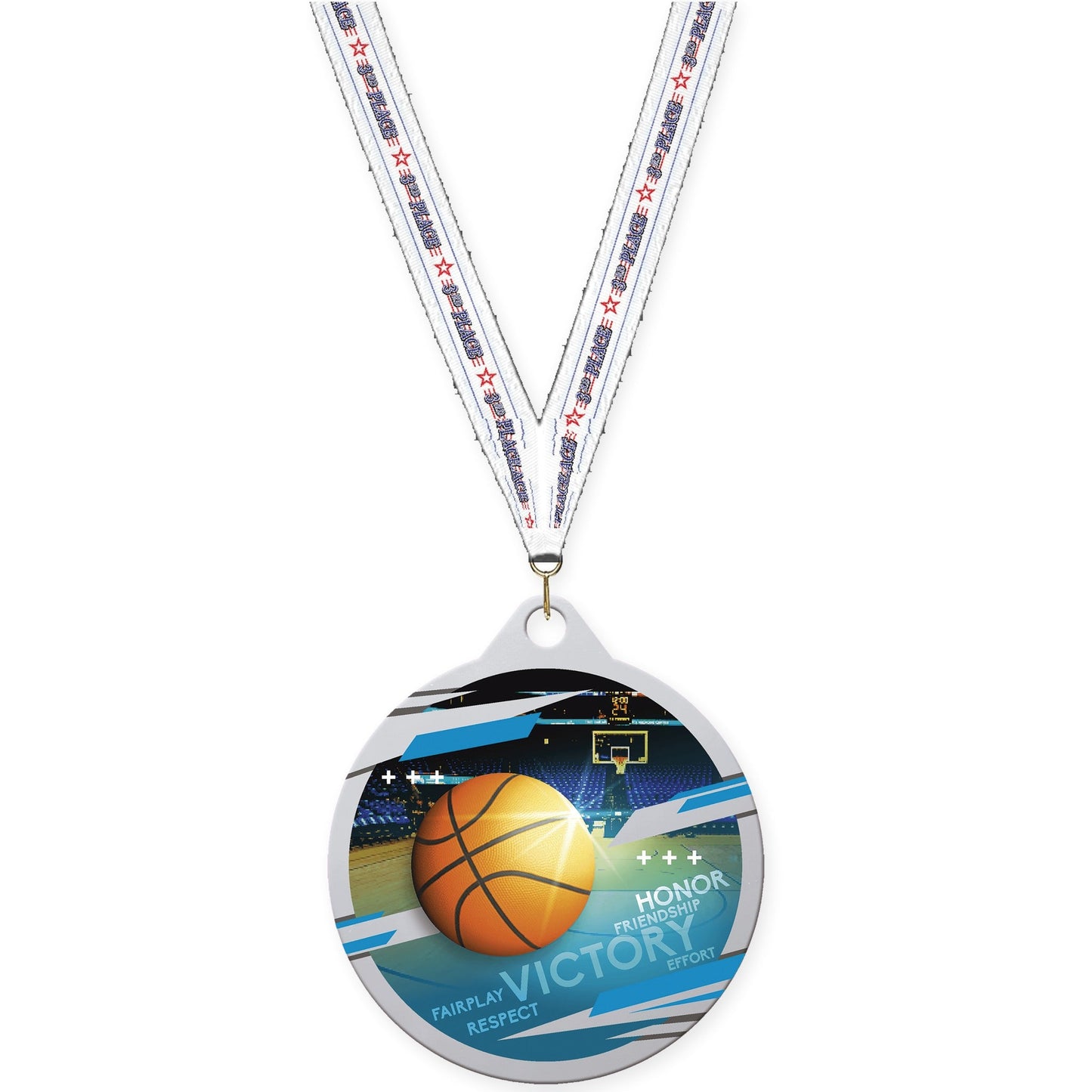 2 inch basketball Inspire medal in silver with 3rd Place neck ribbon