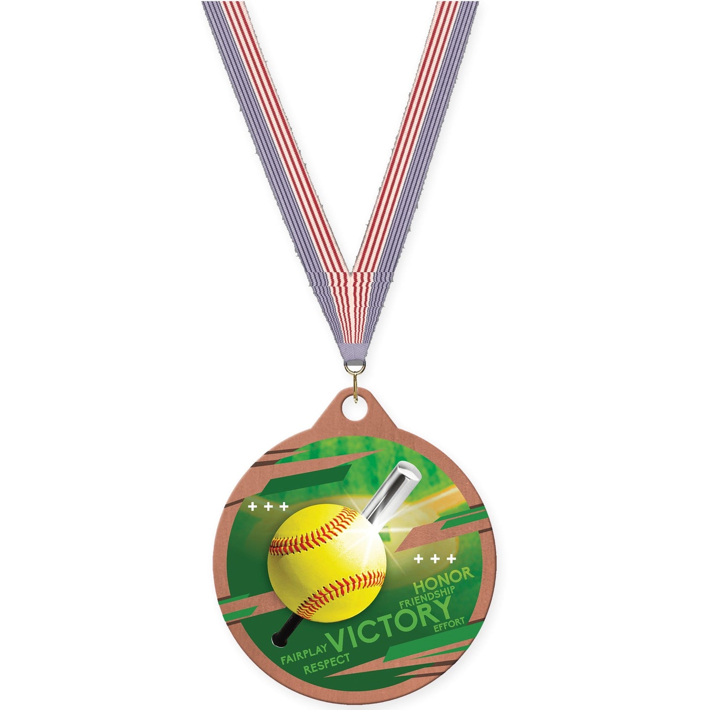 2 inch softball Inspire medal in bronze with USA Flag neck ribbon