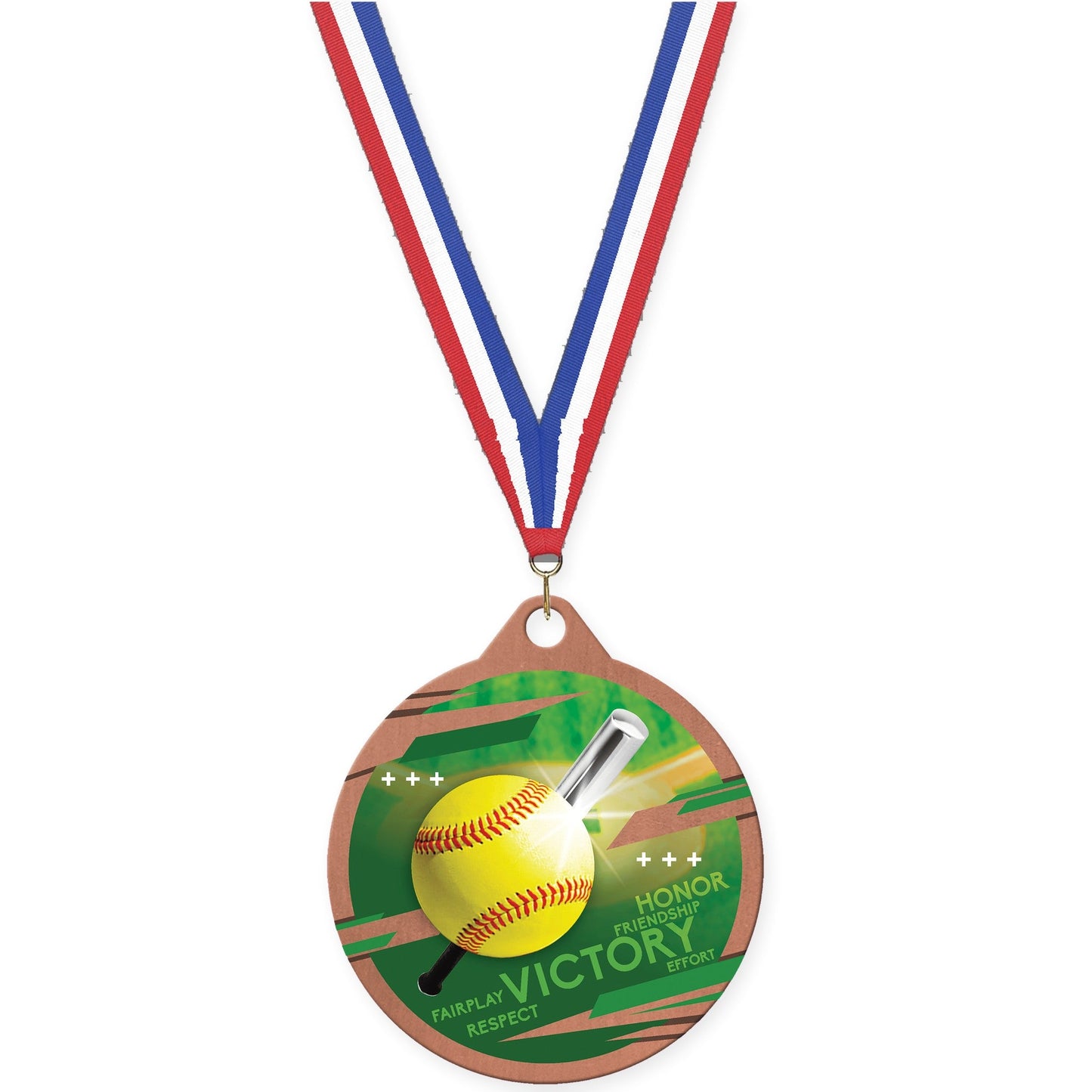 2 inch softball Inspire medal in bronze with Red White Blue neck ribbon