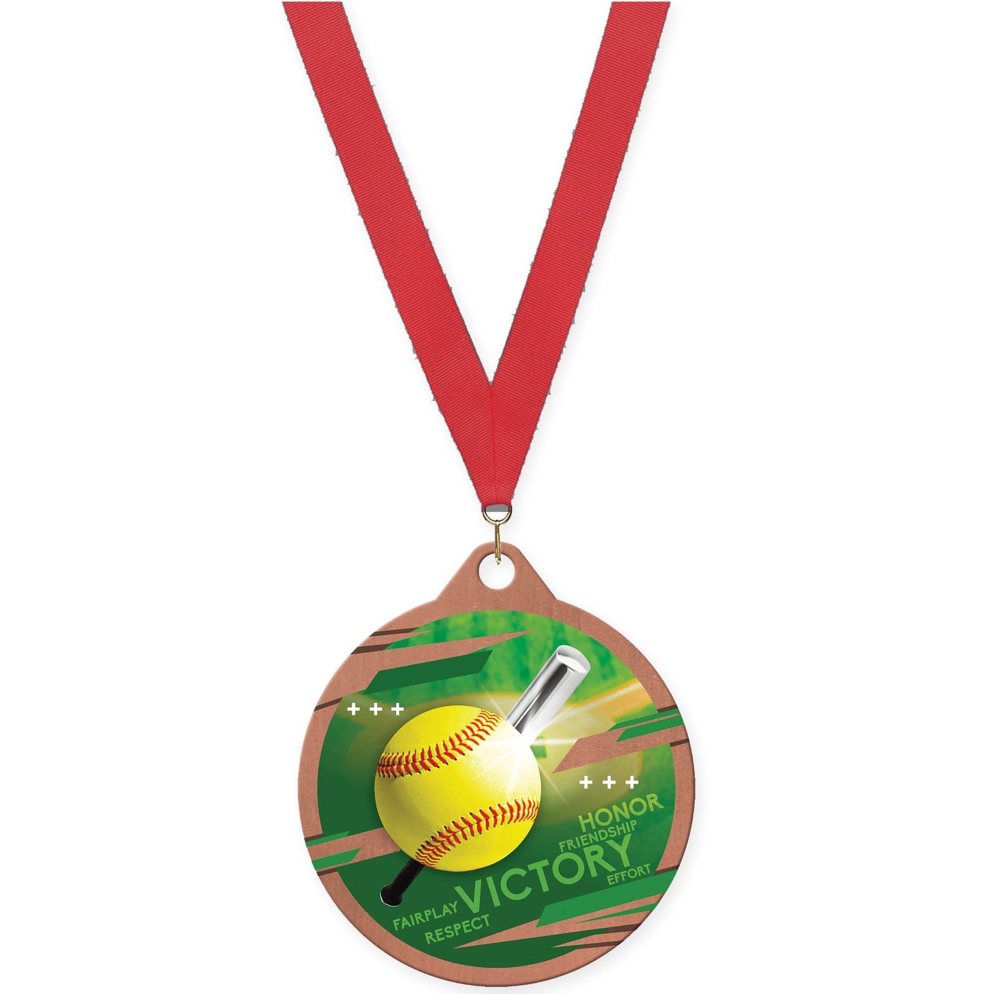 2 inch softball Inspire medal in bronze with Red neck ribbon