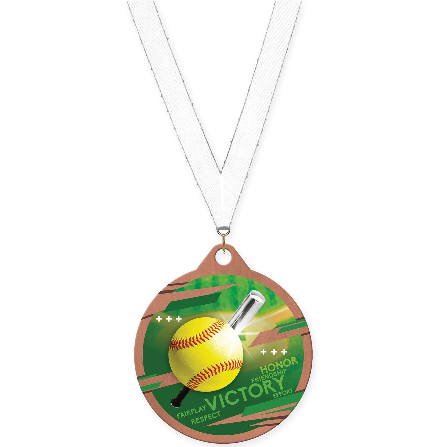 2 inch softball Inspire medal in bronze with White neck ribbon