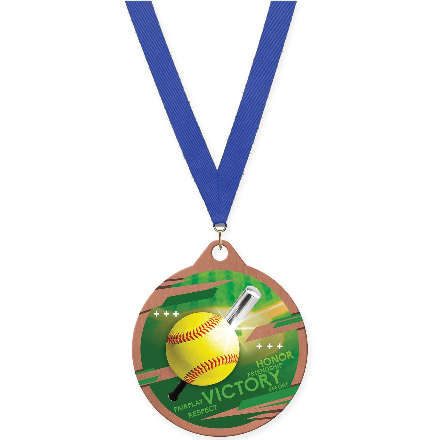 2 inch softball Inspire medal in bronze with Blue neck ribbon
