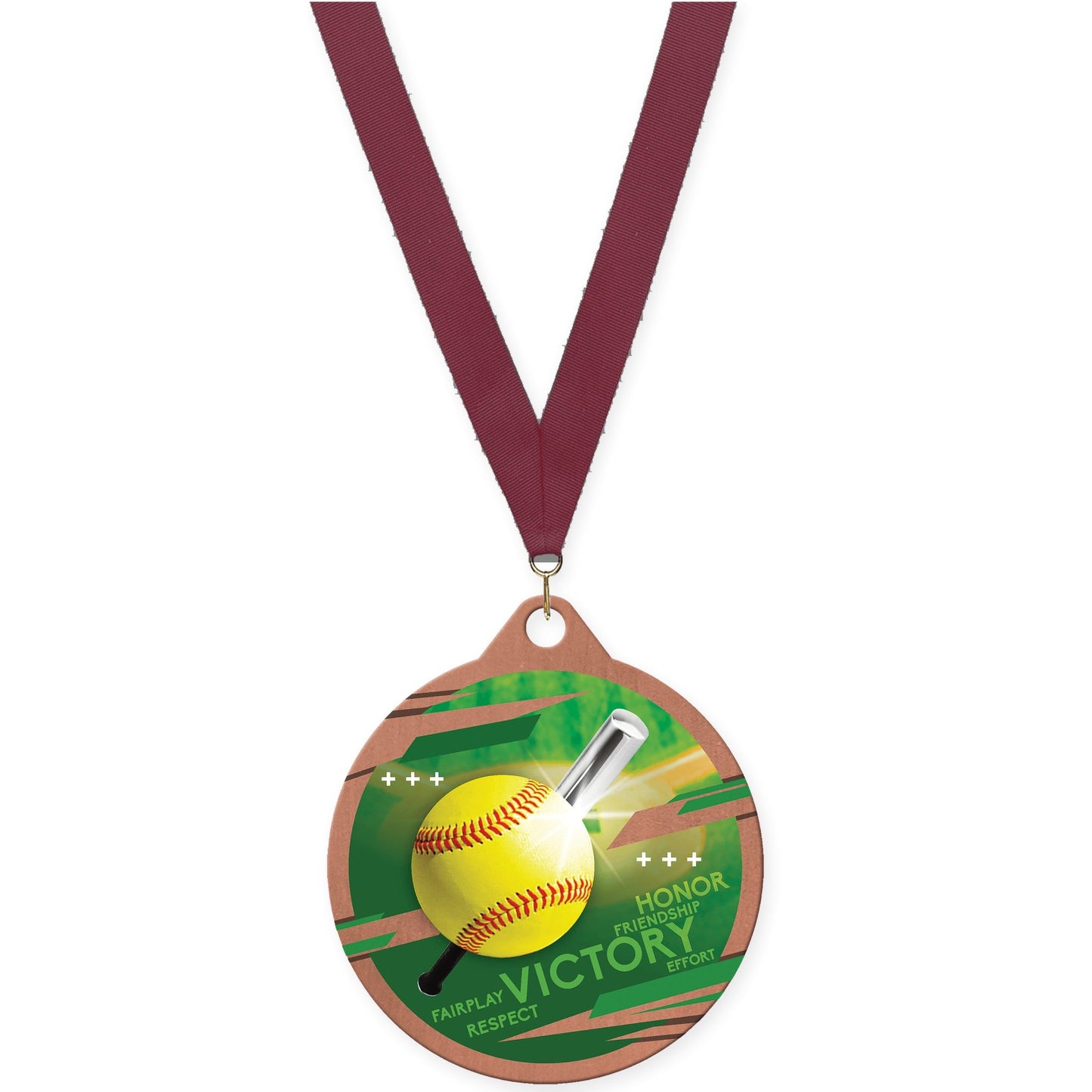 2 inch softball Inspire medal in bronze with Maroon neck ribbon