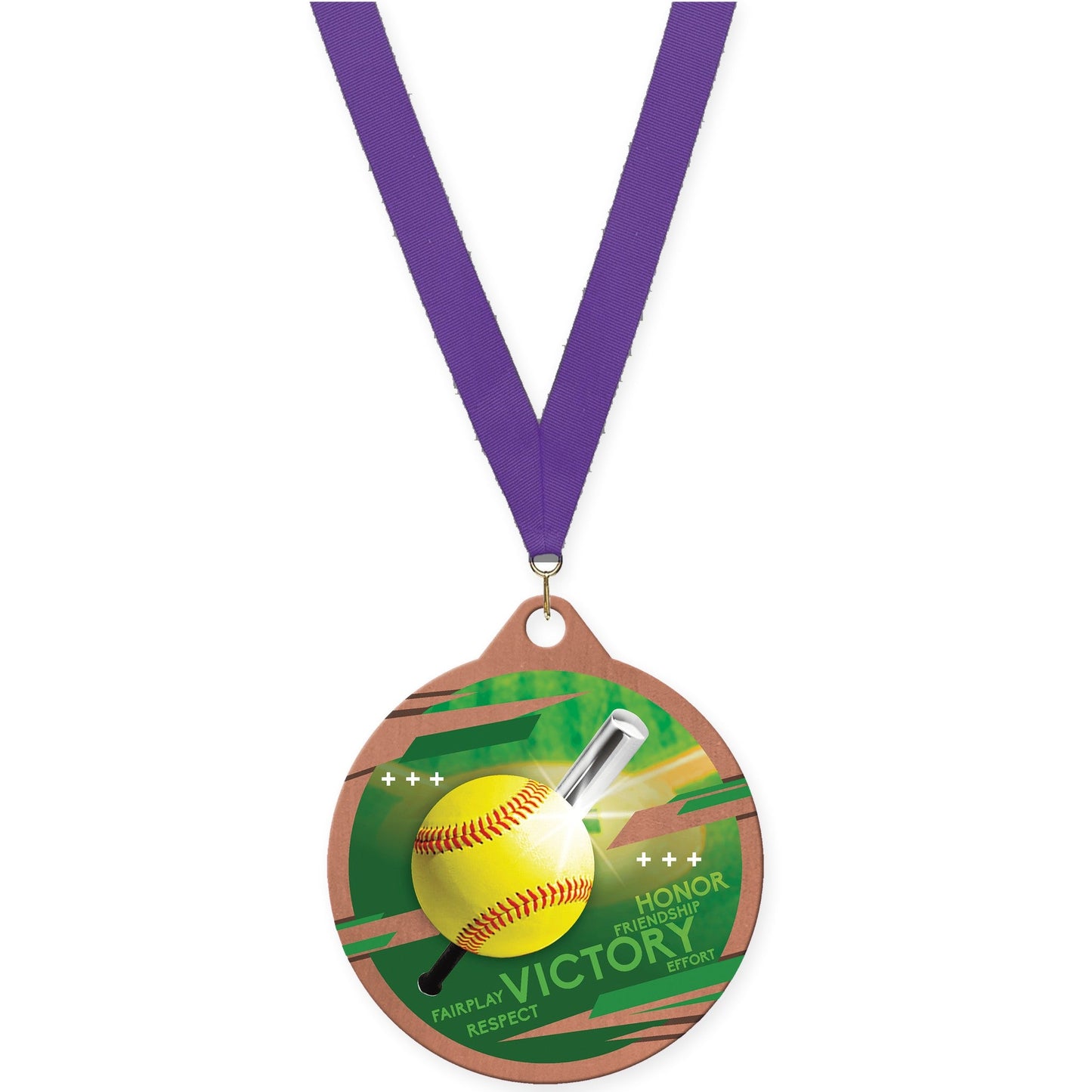 2 inch softball Inspire medal in bronze with Purple neck ribbon