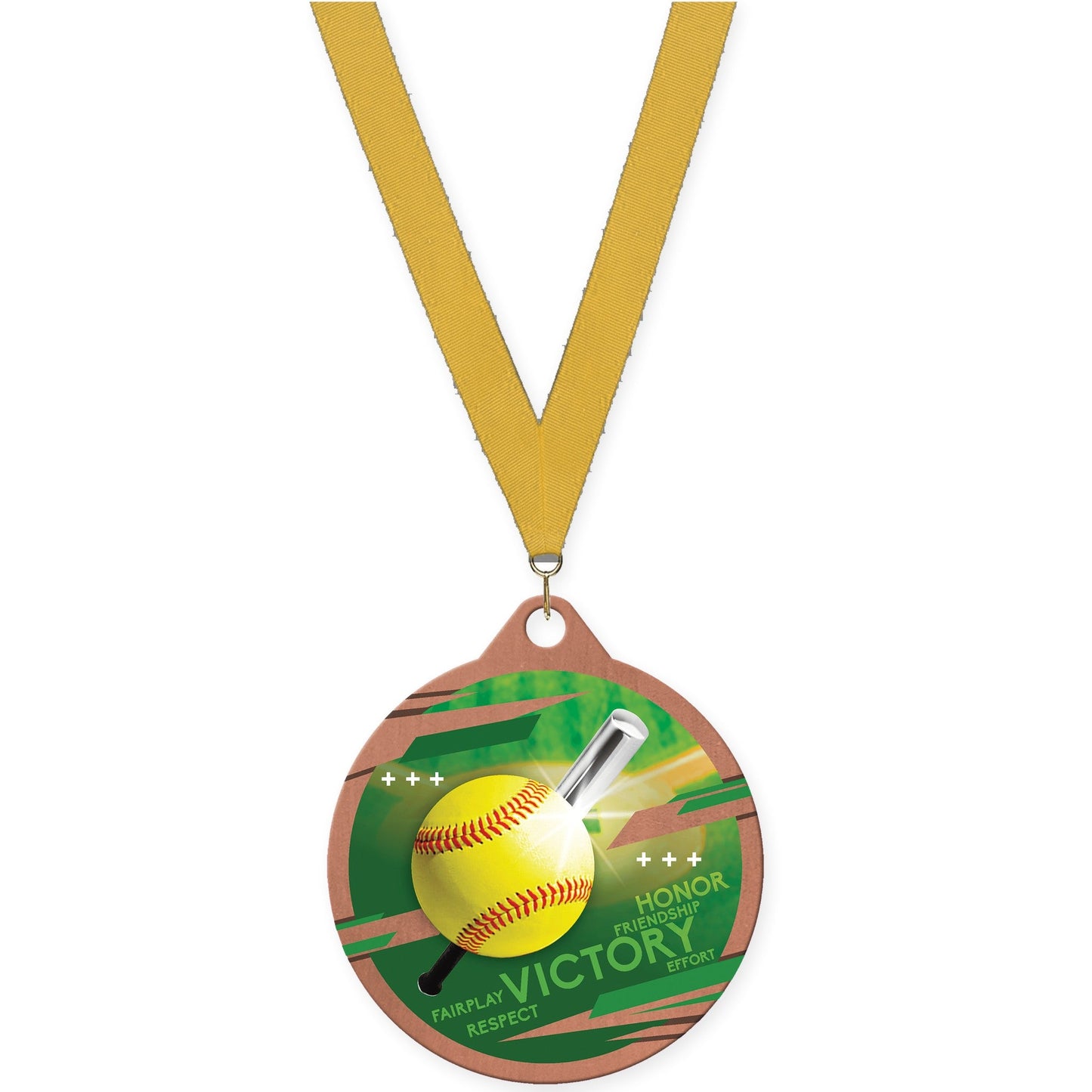 2 inch softball Inspire medal in bronze with Gold neck ribbon