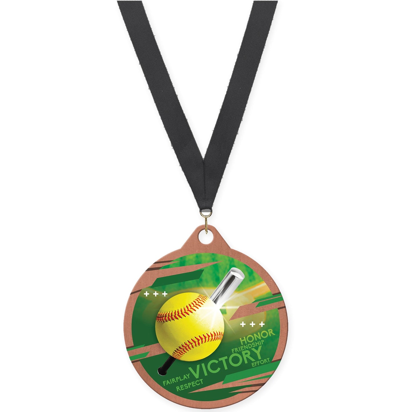 2 inch softball Inspire medal in bronze with Black neck ribbon