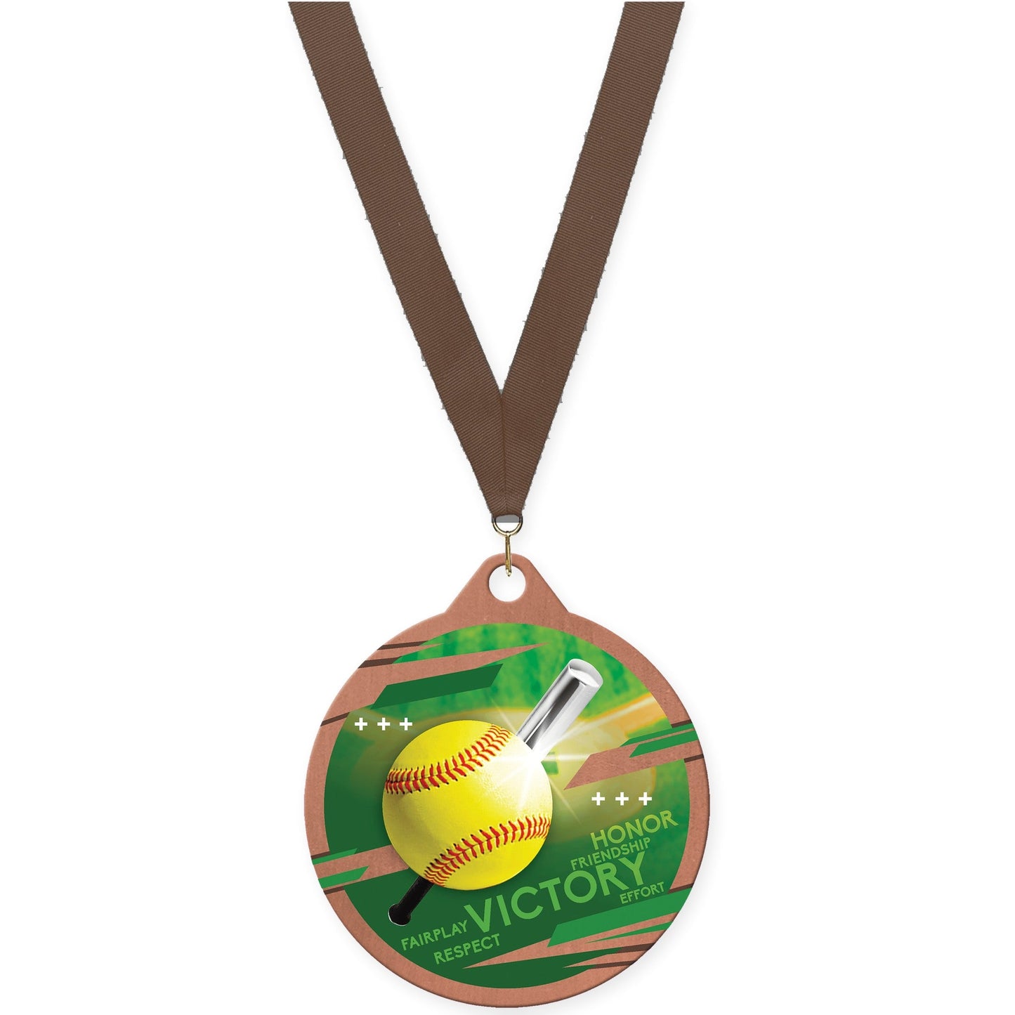 2 inch softball Inspire medal in bronze with Brown neck ribbon