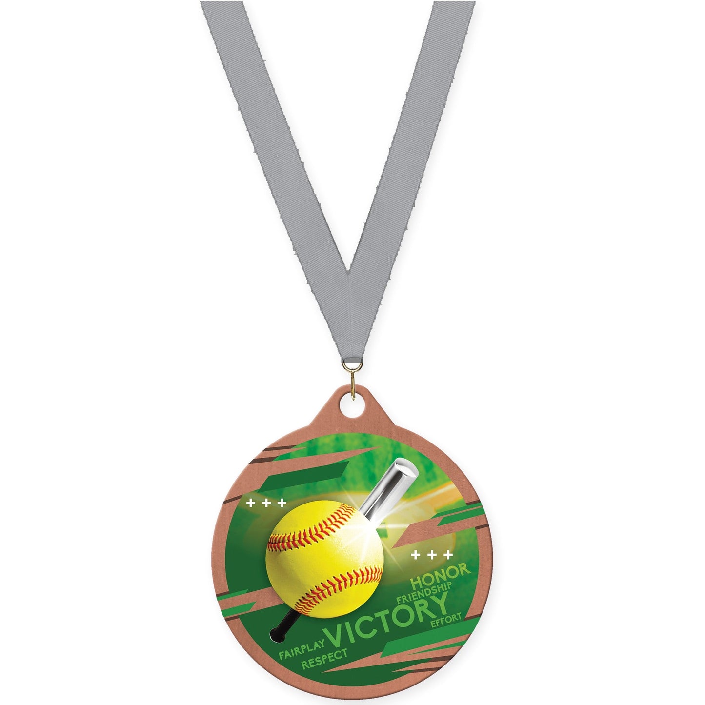 2 inch softball Inspire medal in bronze with Gray neck ribbon
