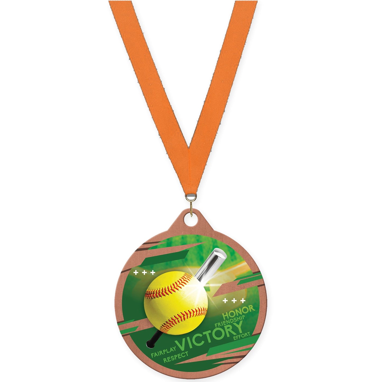 2 inch softball Inspire medal in bronze with Orange neck ribbon
