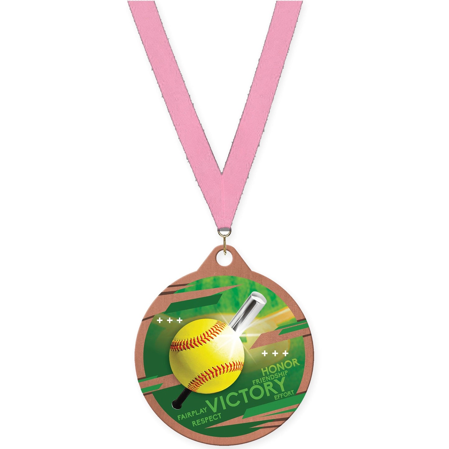 2 inch softball Inspire medal in bronze with Pink neck ribbon