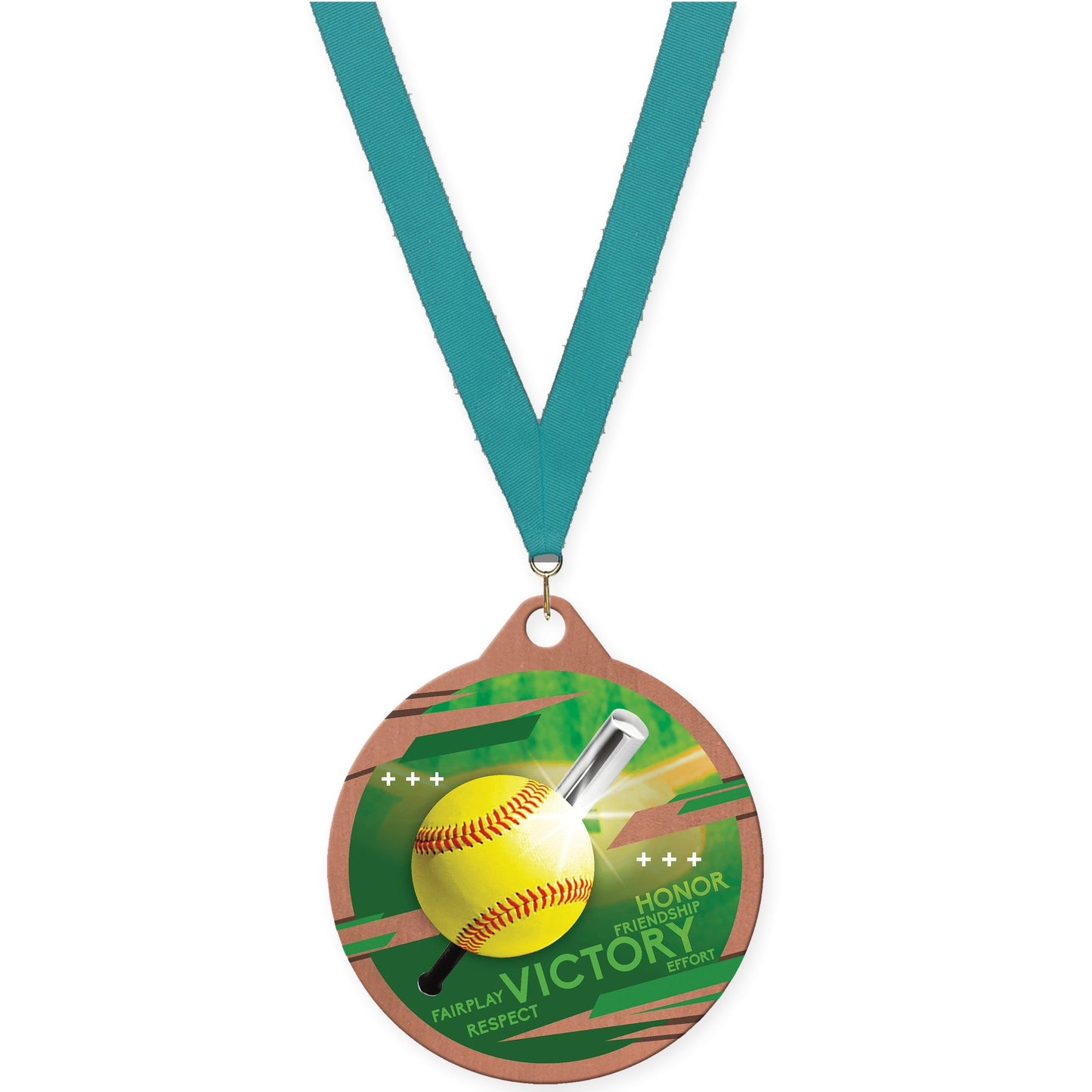 2 inch softball Inspire medal in bronze with Teal neck ribbon