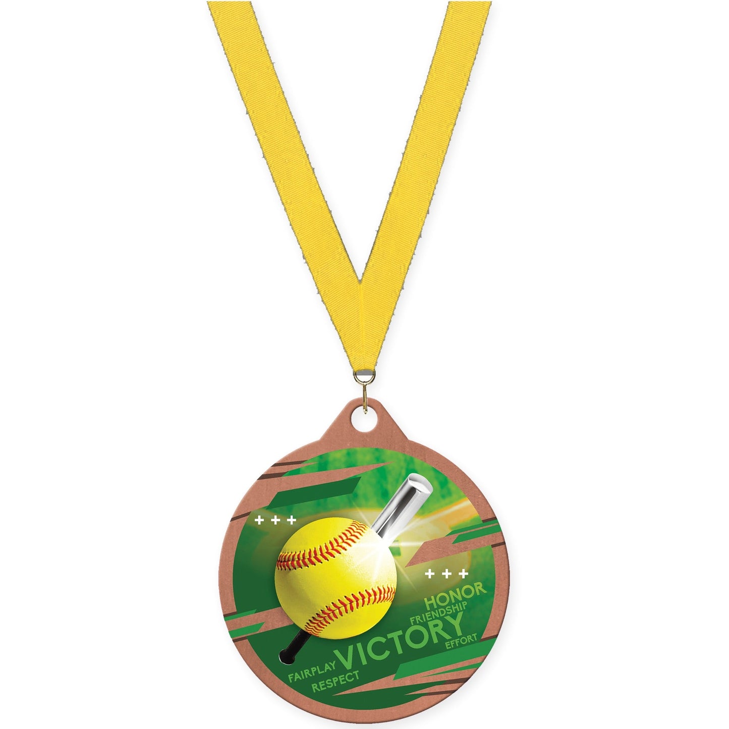 2 inch softball Inspire medal in bronze with Yellow neck ribbon