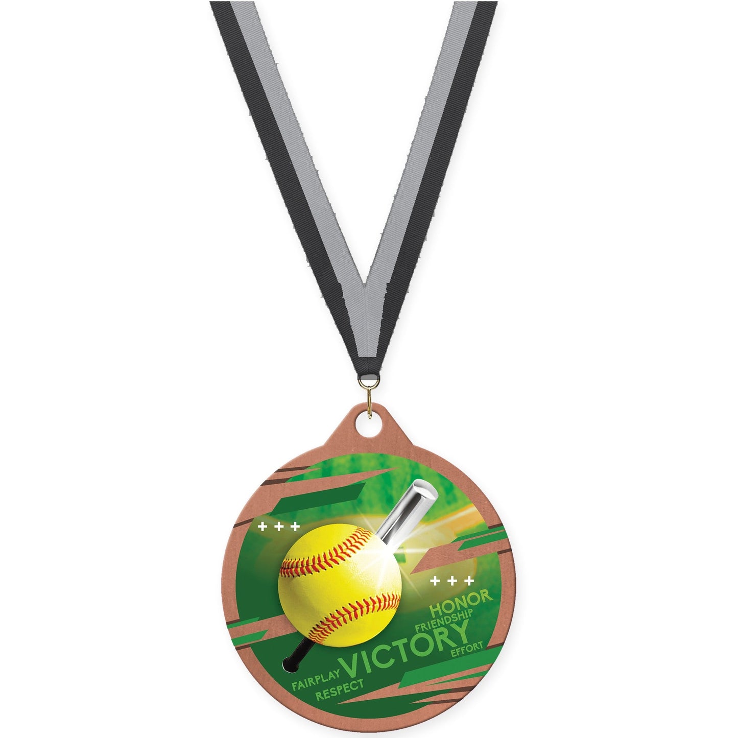 2 inch softball Inspire medal in bronze with Black Gray neck ribbon