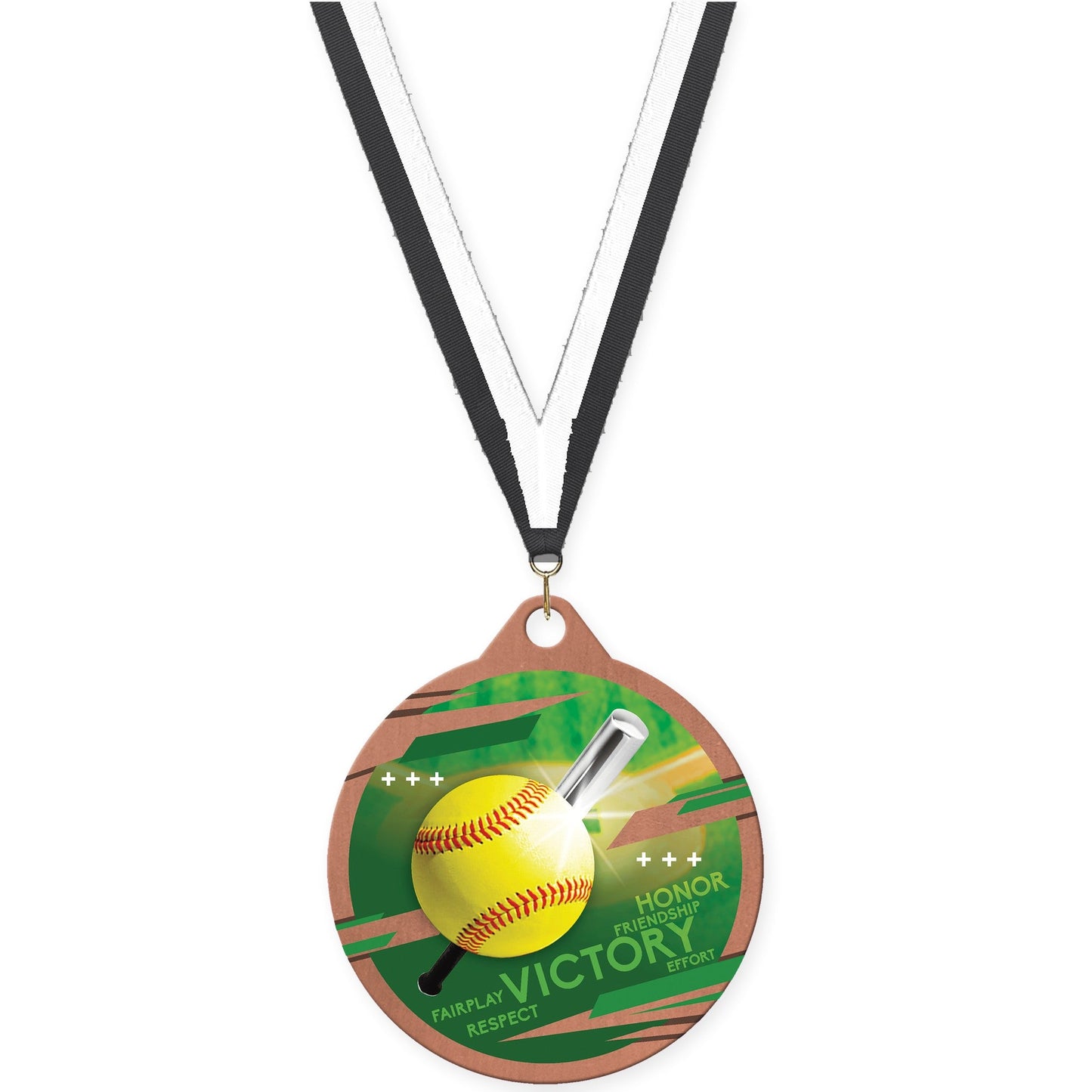 2 inch softball Inspire medal in bronze with Black White neck ribbon