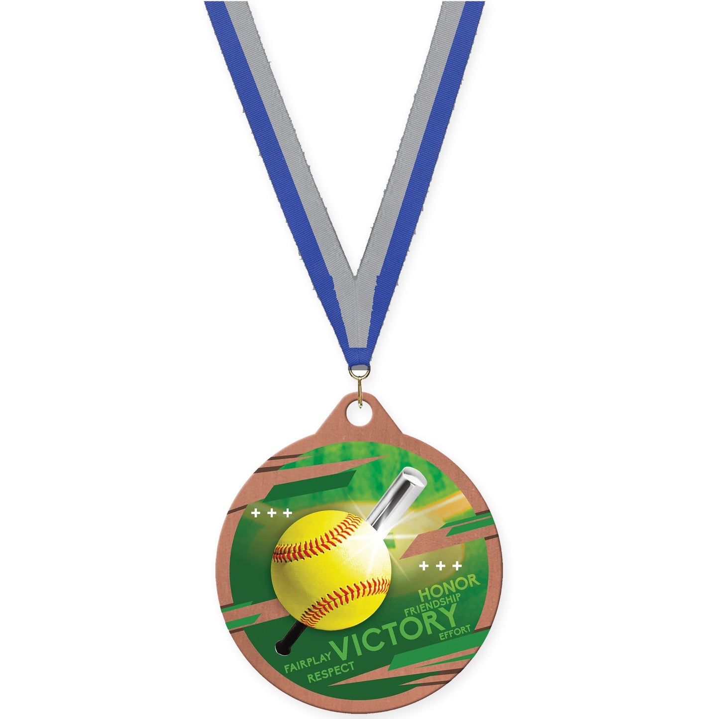 2 inch softball Inspire medal in bronze with Blue Gray neck ribbon