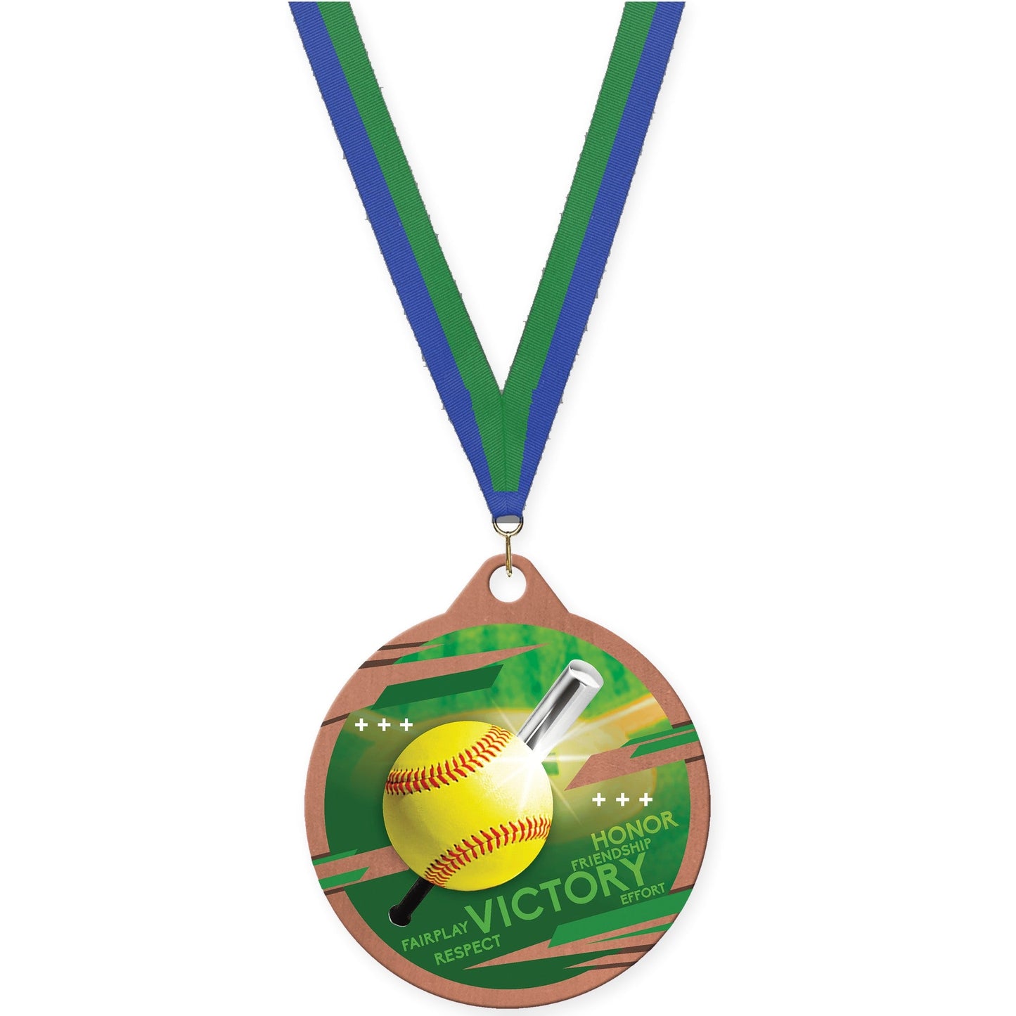 2 inch softball Inspire medal in bronze with Blue Green neck ribbon