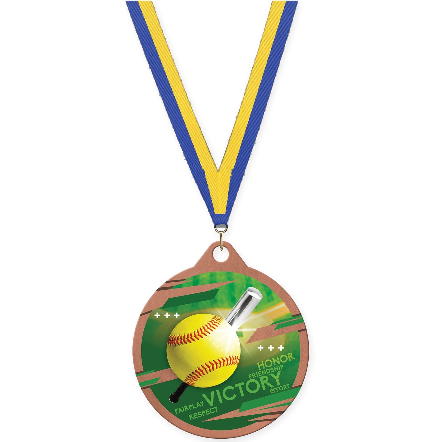 2 inch softball Inspire medal in bronze with Blue Yellow neck ribbon
