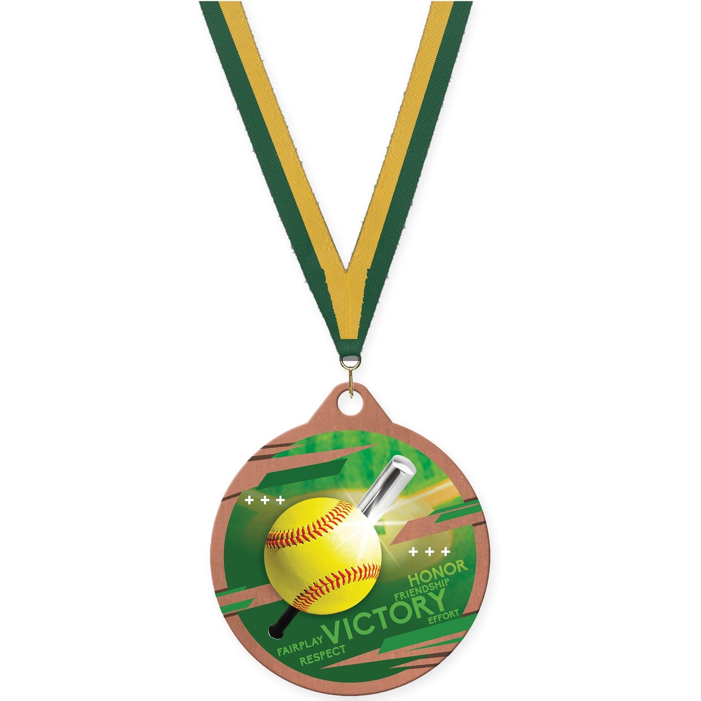 2 inch softball Inspire medal in bronze with Hunter Green Gold neck ribbon