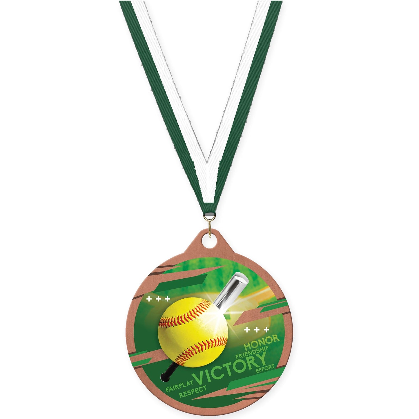 2 inch softball Inspire medal in bronze with Hunter Green White neck ribbon